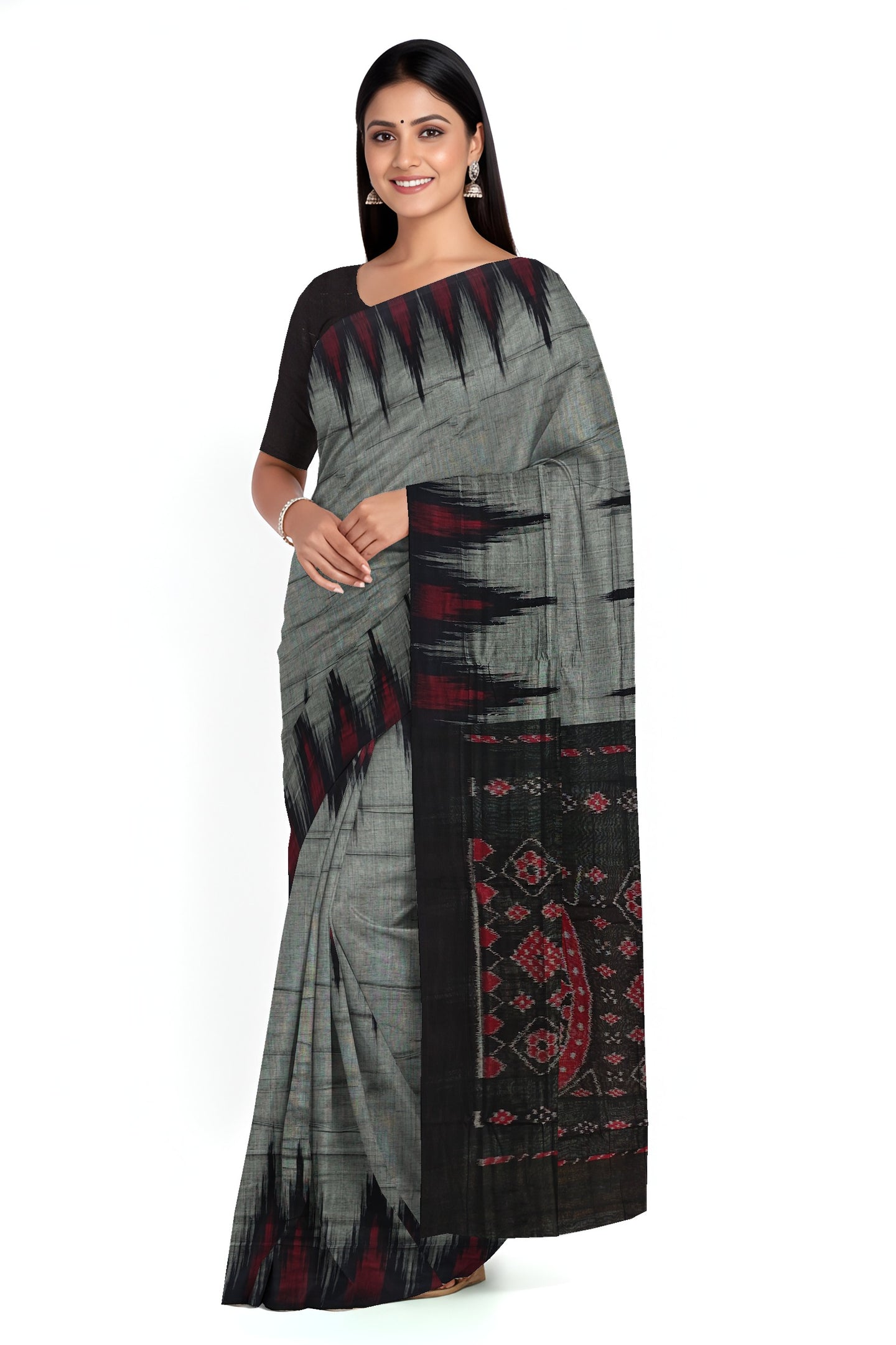 Grey Mania Bandha Traditional Temple Border Katiki Saree | Odisha Handloom GI Tagged | Devnika
