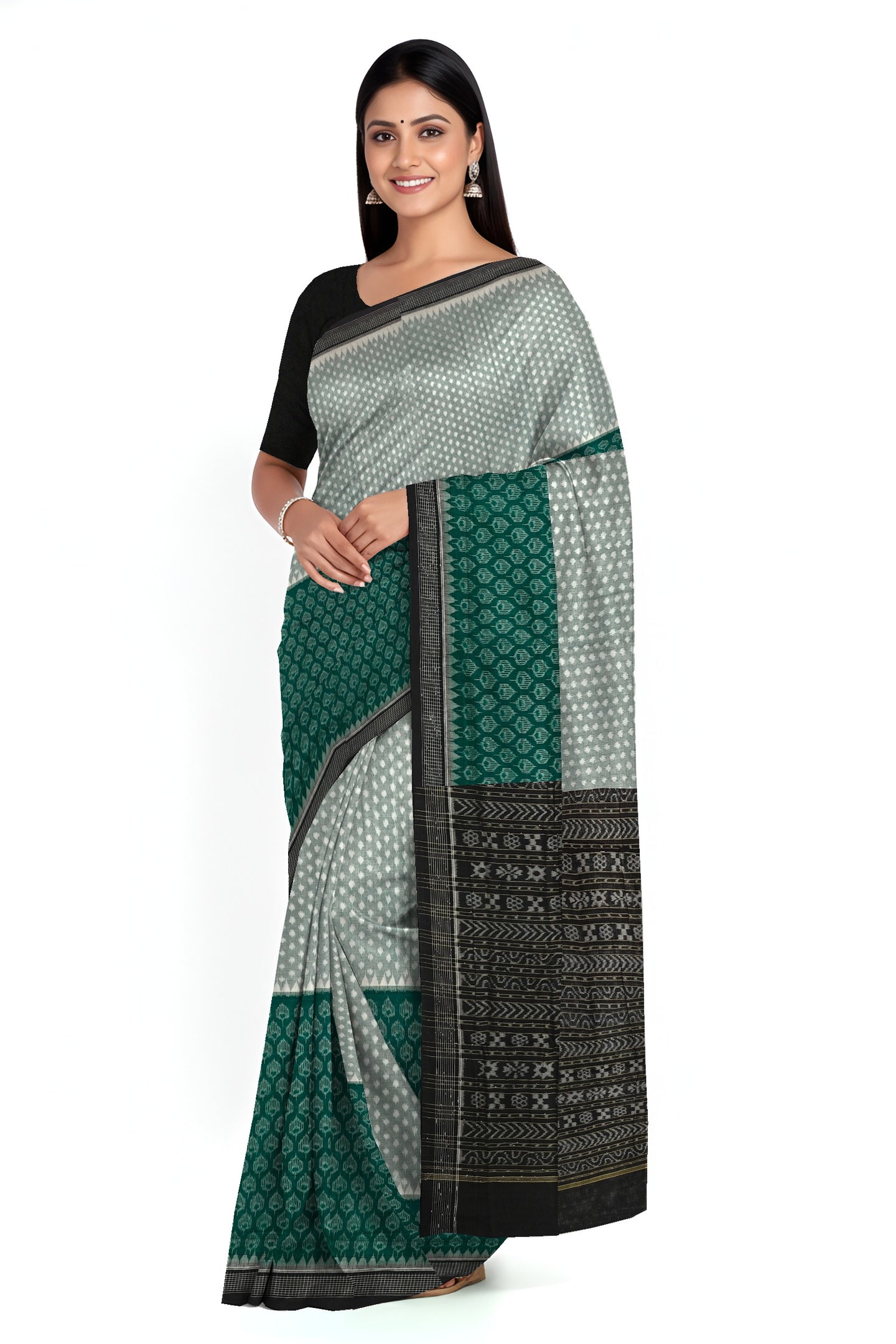 Green White Half Half Body Bandha Saree