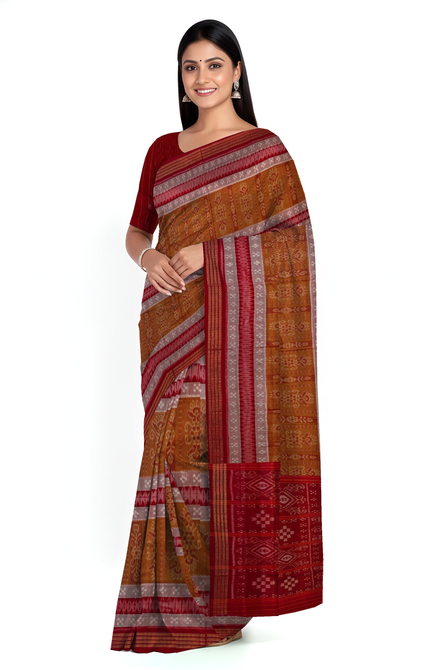 Brown White Mania Bandha Traditional Katiki Saree | Odisha Handloom GI Tagged | Devnika