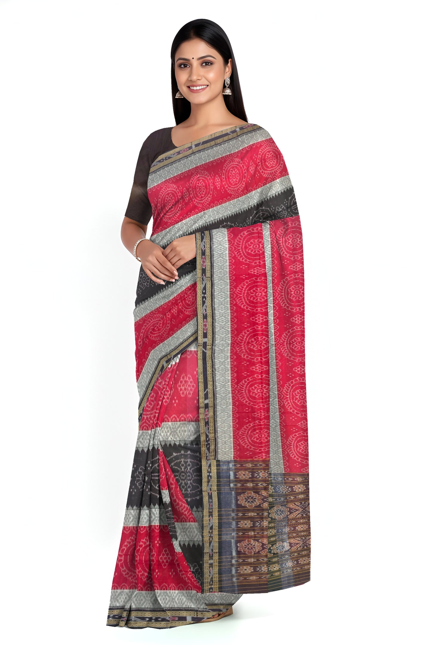 Red And White Mania Bandha Traditional Katiki Saree | Odisha Handloom GI Tagged | Devnika