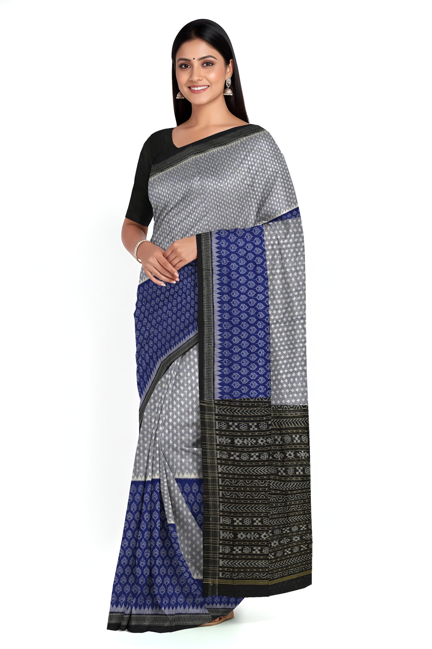 White Blue Half Half Body Bandha Saree