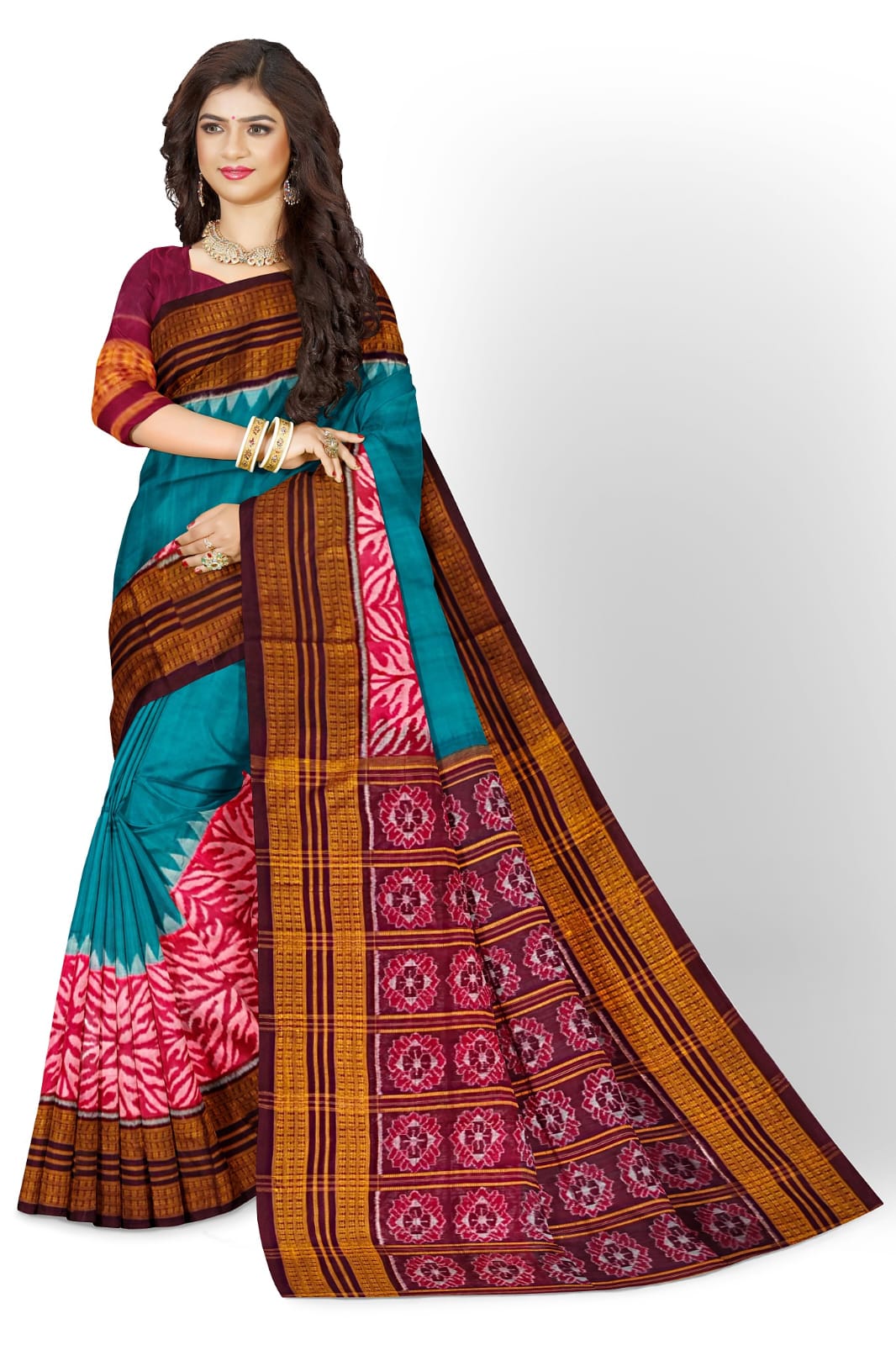 Teal Green Big Border Bandha Saree