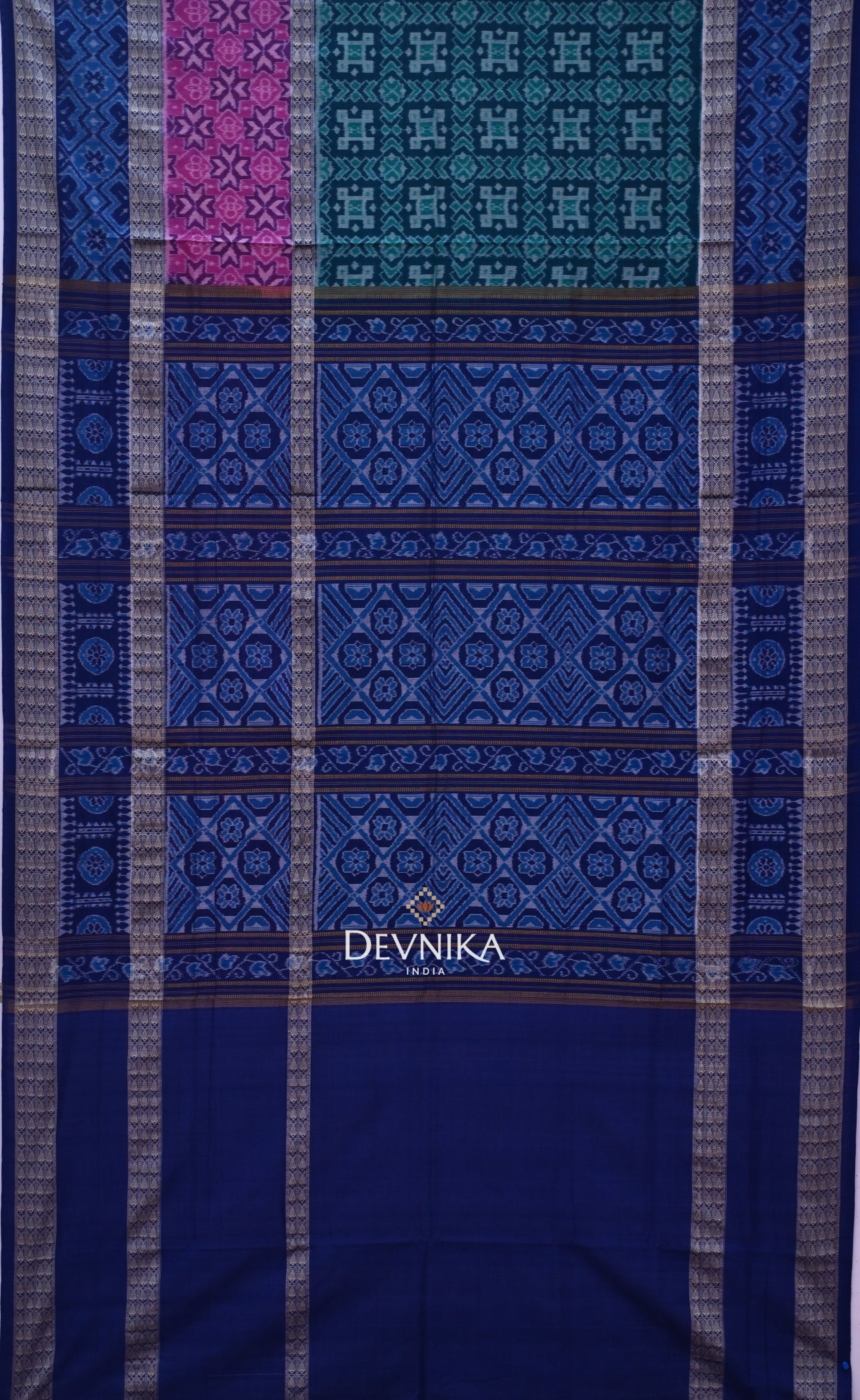 Green Blue Double Border Bandha Handloom Cotton Saree | Odisha Handloom | Devnika