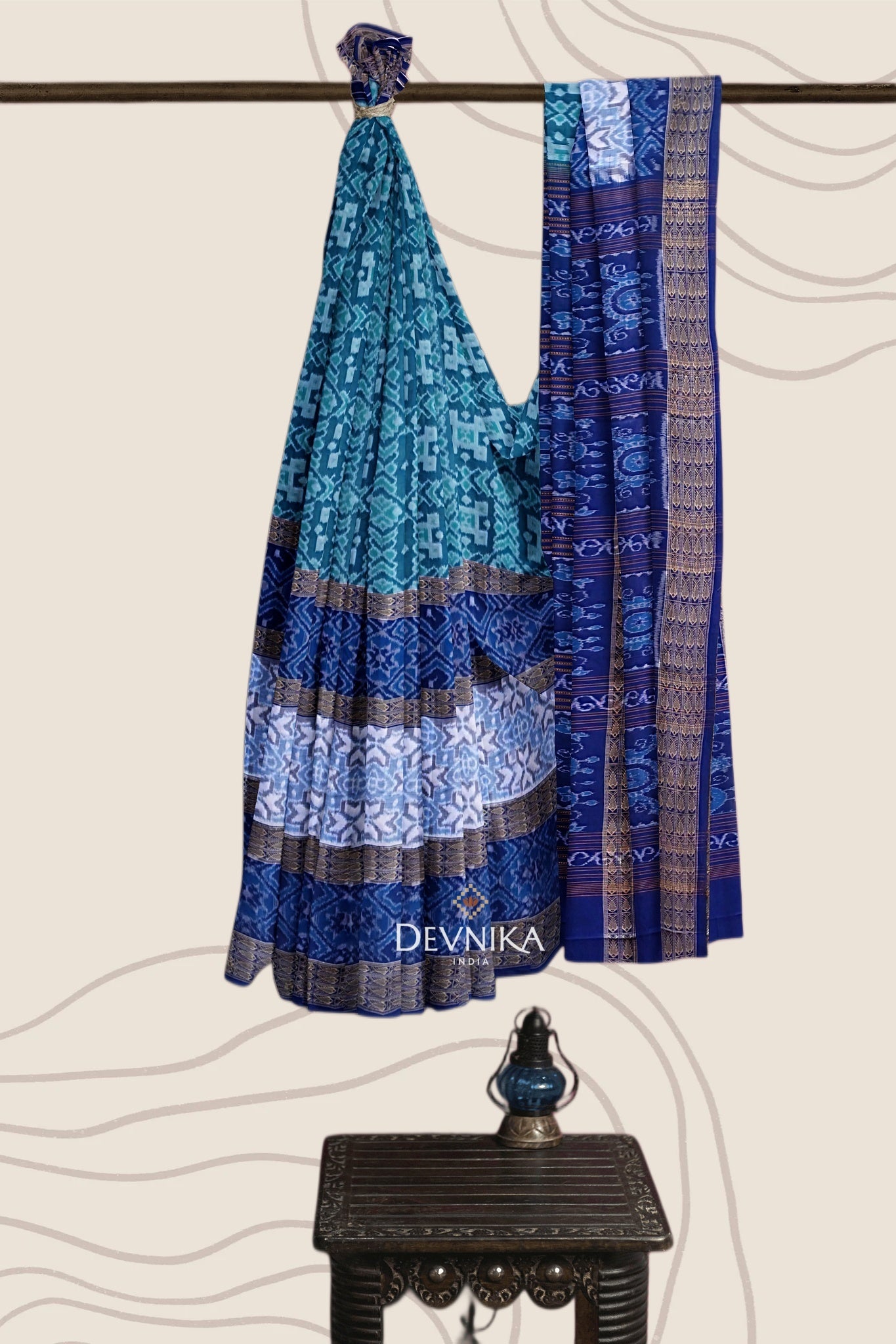 Cyan Double Border Bandha Handloom Cotton Saree | Odisha Handloom | Devnika
