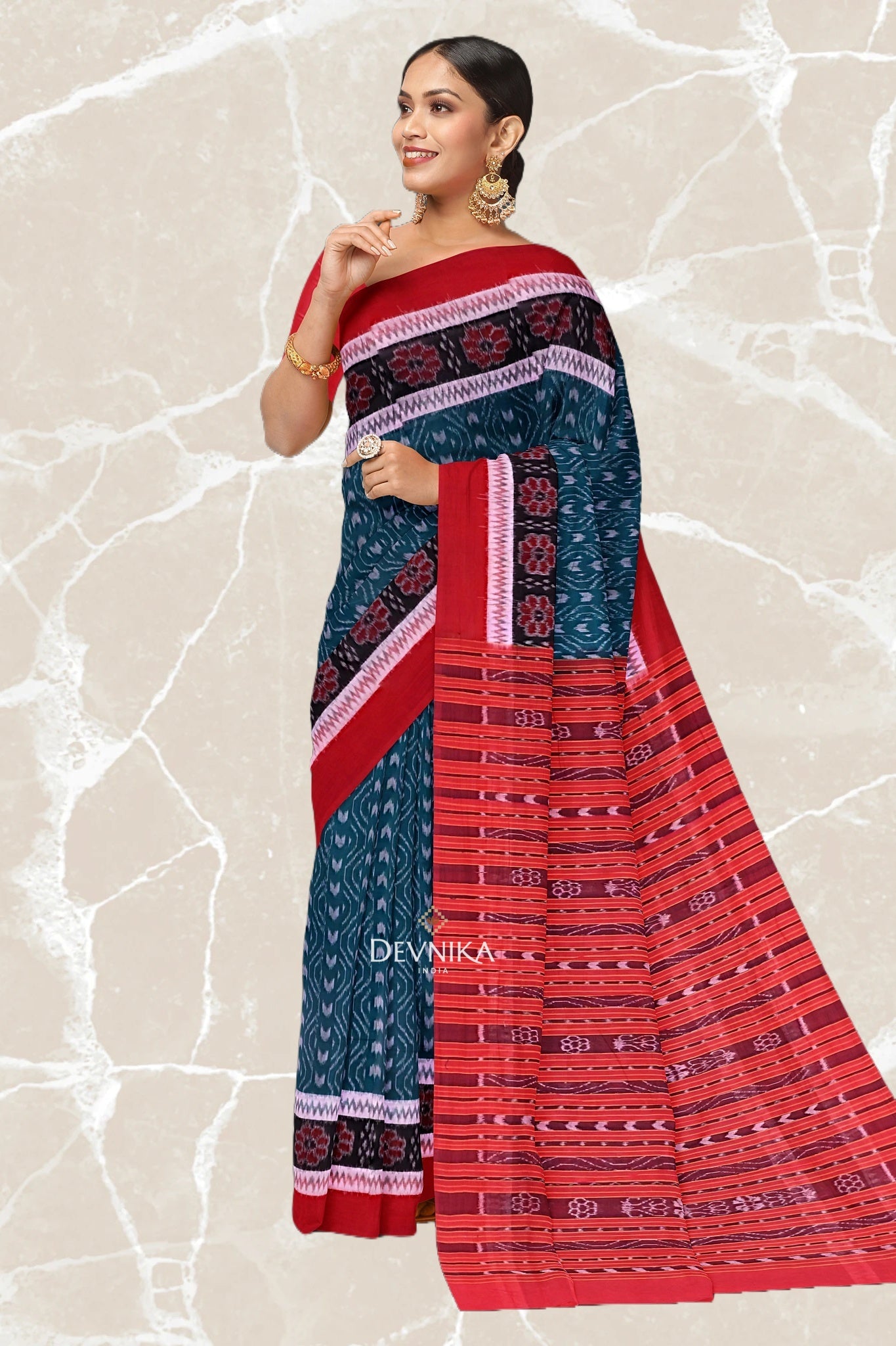 Sea Green Double Border Bandha Handloom Cotton Saree | Odisha Handloom | Devnika