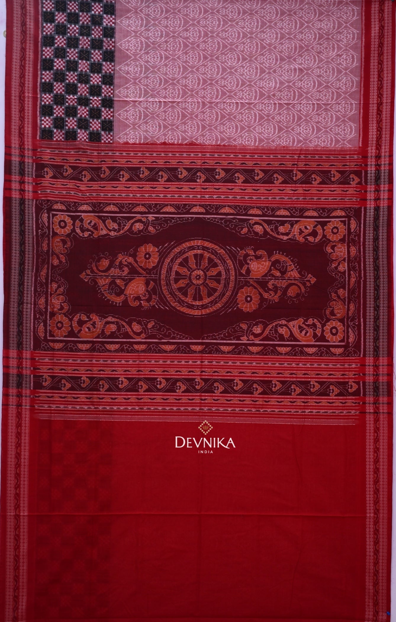White And Dusty Rose Big Border Bandha Handloom Cotton Saree | Odisha Handloom | Devnika