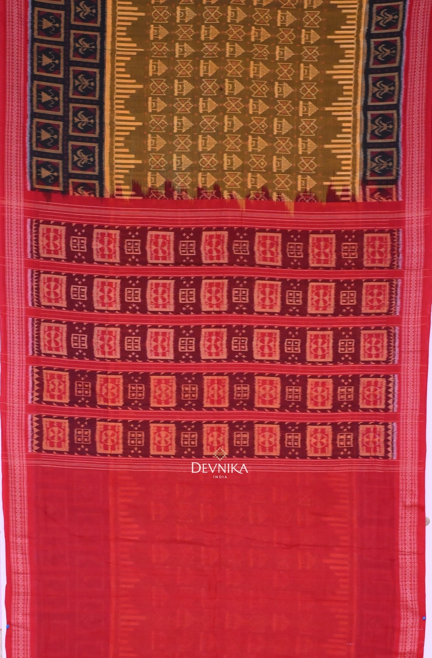 Golden Brown Big Border Bandha Handloom Cotton Saree | Odisha Handloom | Devnika