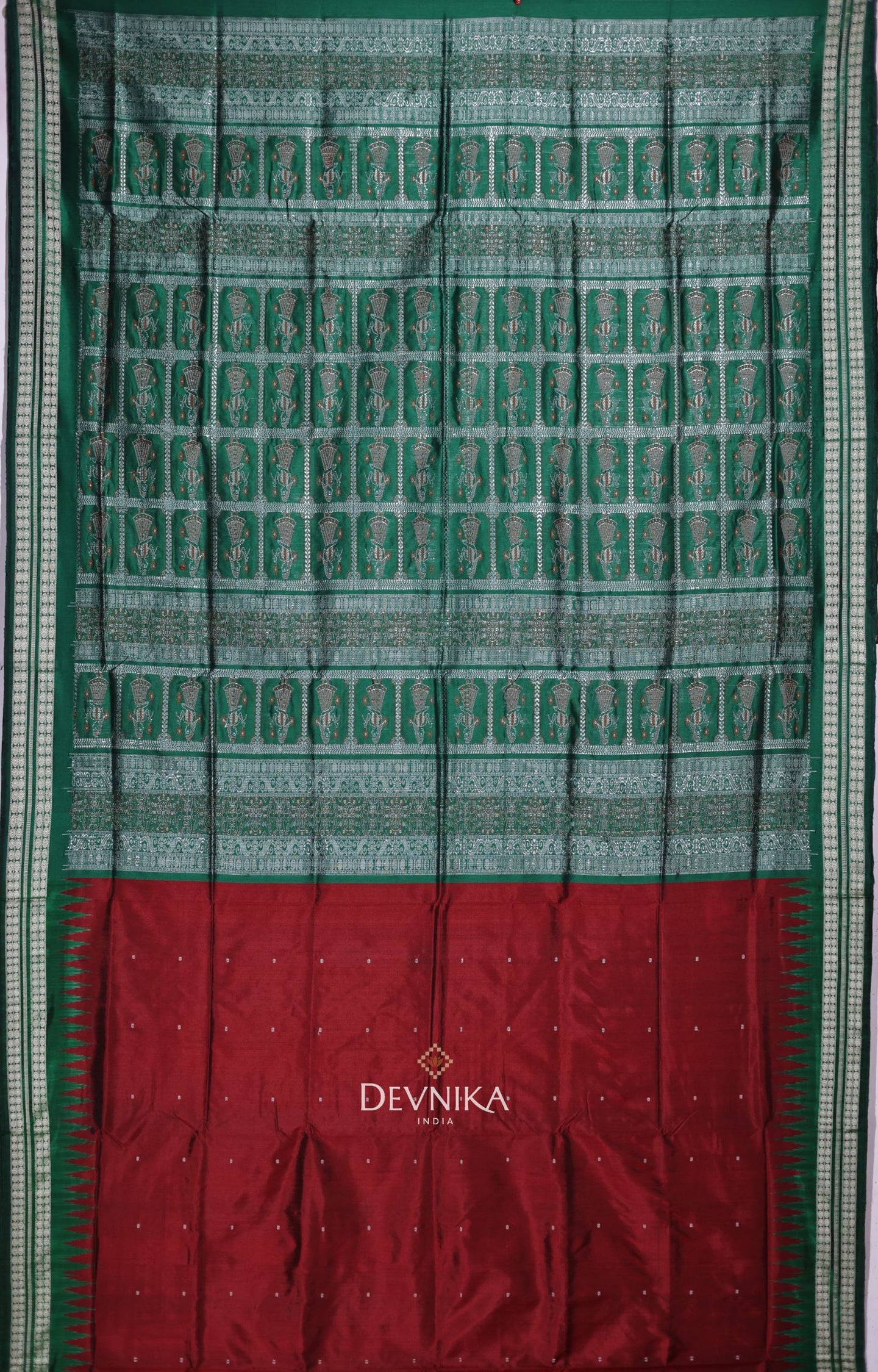 Dark Maroon With Forest Green Bomkai Butti Silk Saree | Odisha Handloom GI Tagged | Devnika