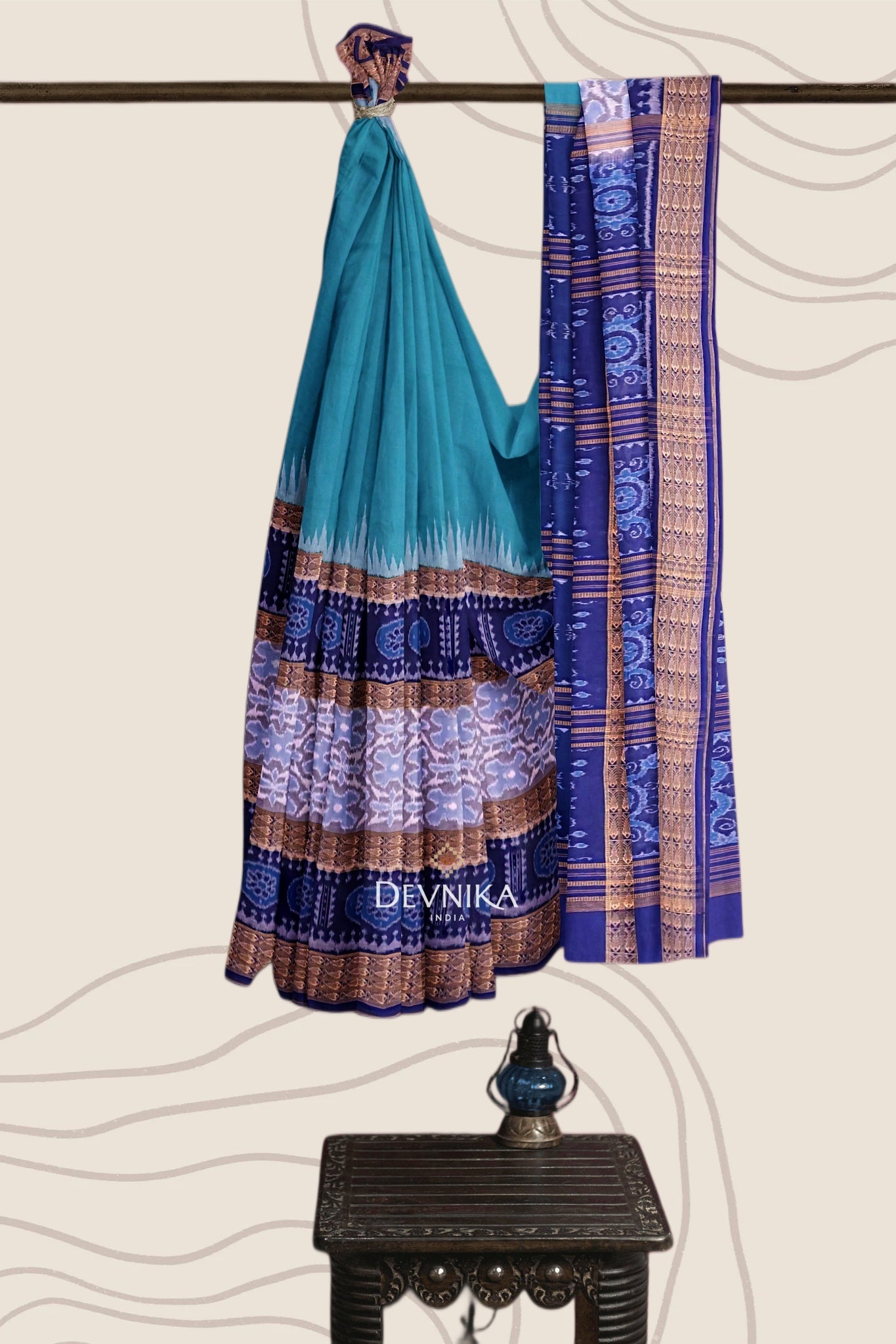 Sea Green Big Border Bandha Handloom Cotton Saree | Odisha Handloom | Devnika