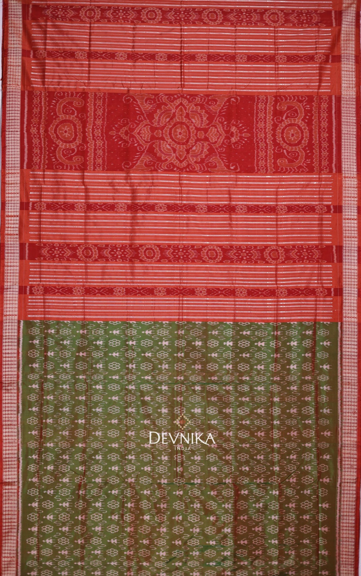 Rust Green Teracota Bandha Silk Saree | Odisha Handloom GI Tagged | Devnika