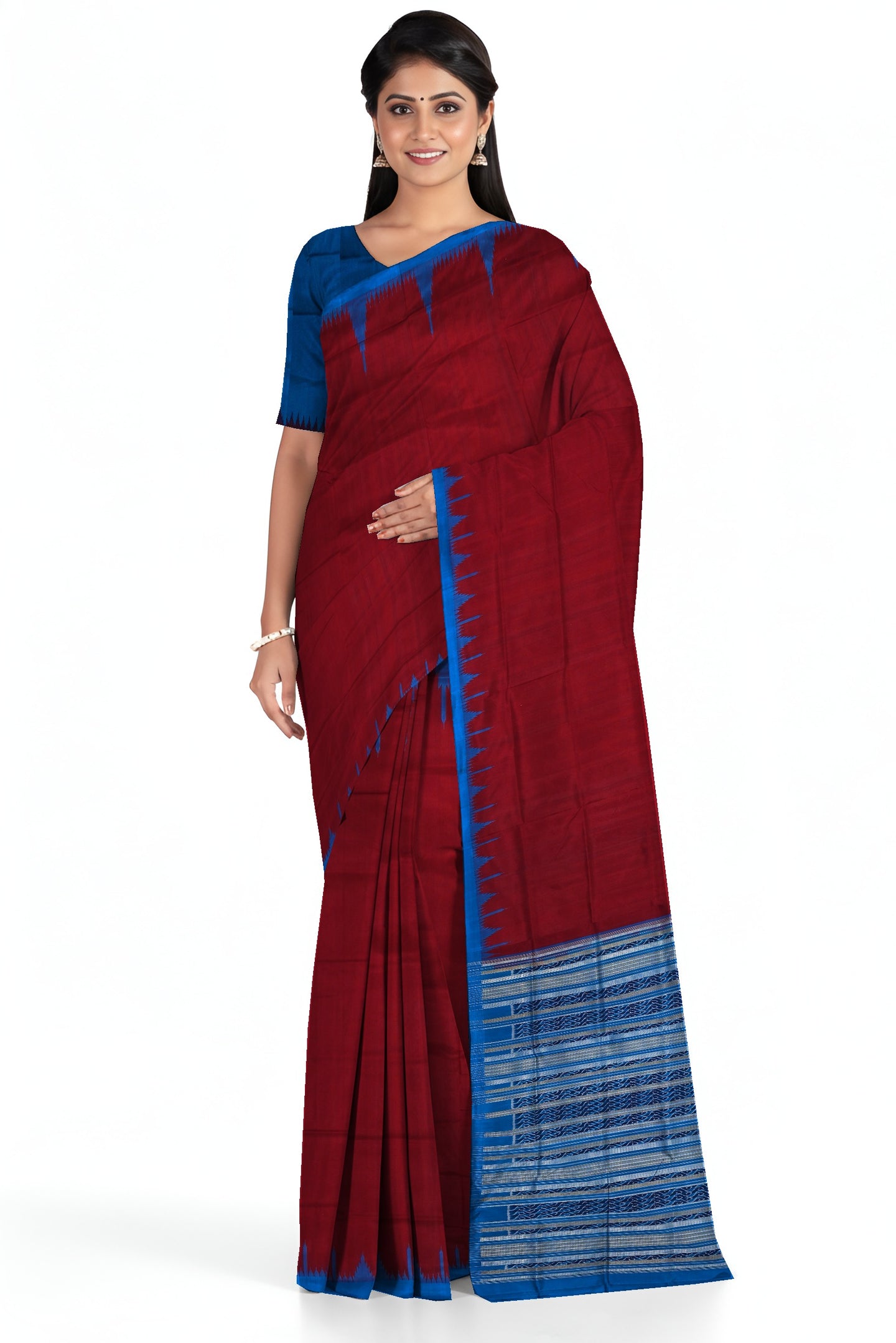Deep Maroon Big Temple Border Sambalpuri  Saree | Odisha Handloom GI Tagged | Devnika