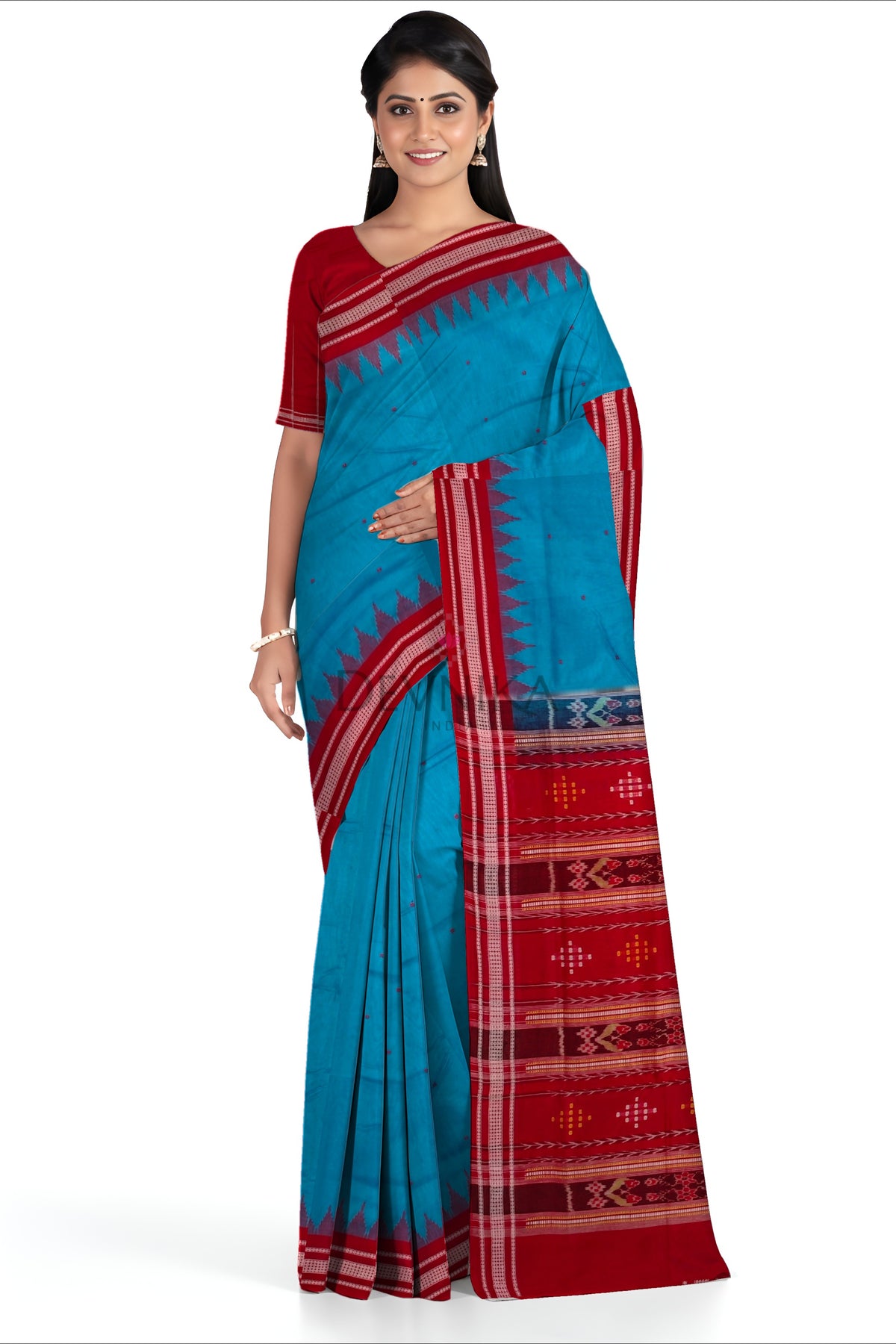 Royal Blue Temple Boarder Cotton Bapta Saree | Odisha Handloom GI Tagged | Devnika