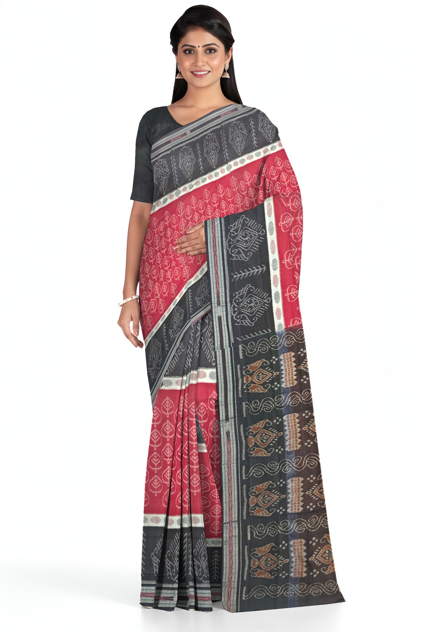 Maroon And White Mania Bandha Traditional Katiki Saree | Odisha Handloom GI Tagged | Devnika