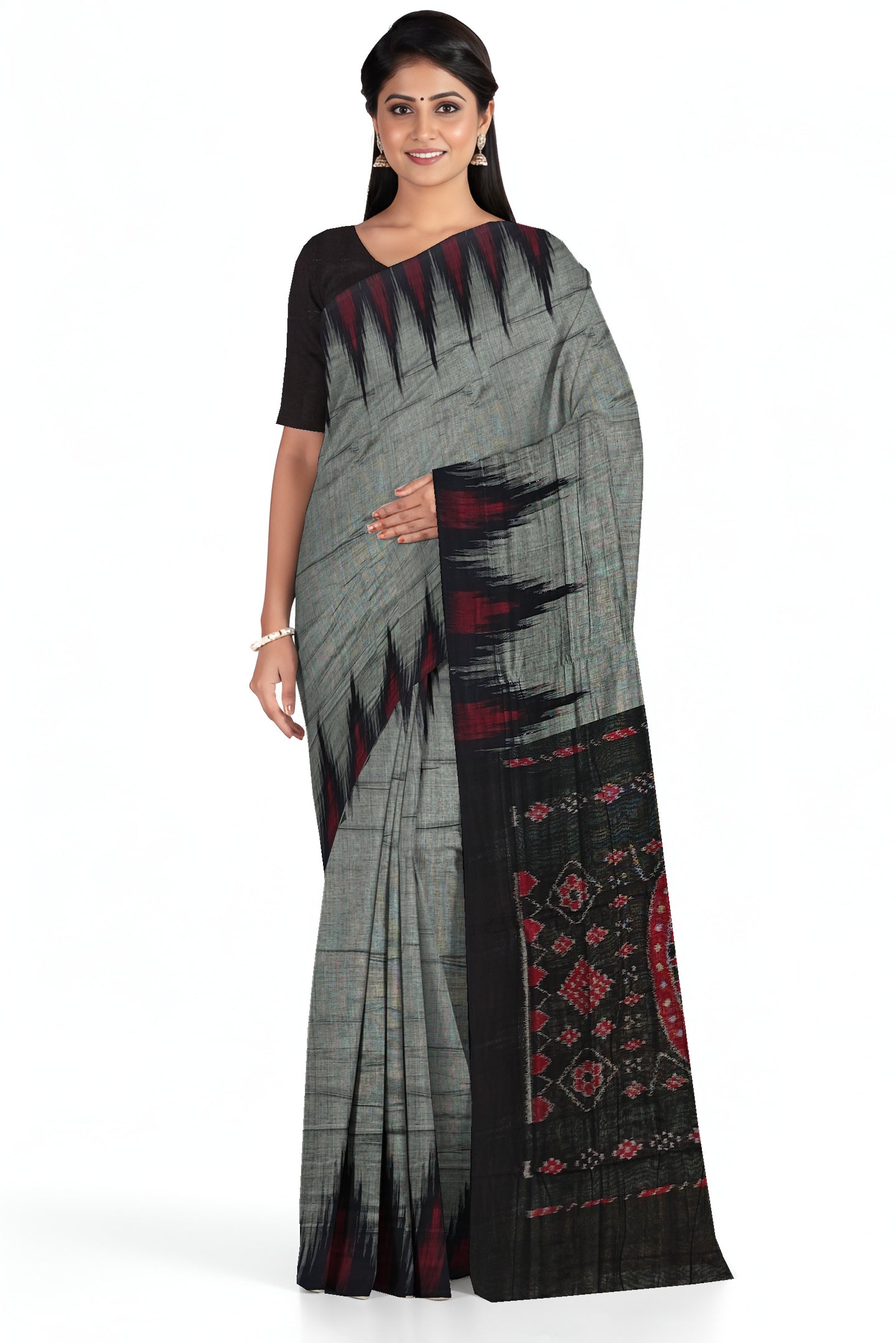 Grey Mania Bandha Traditional Temple Border Katiki Saree | Odisha Handloom GI Tagged | Devnika