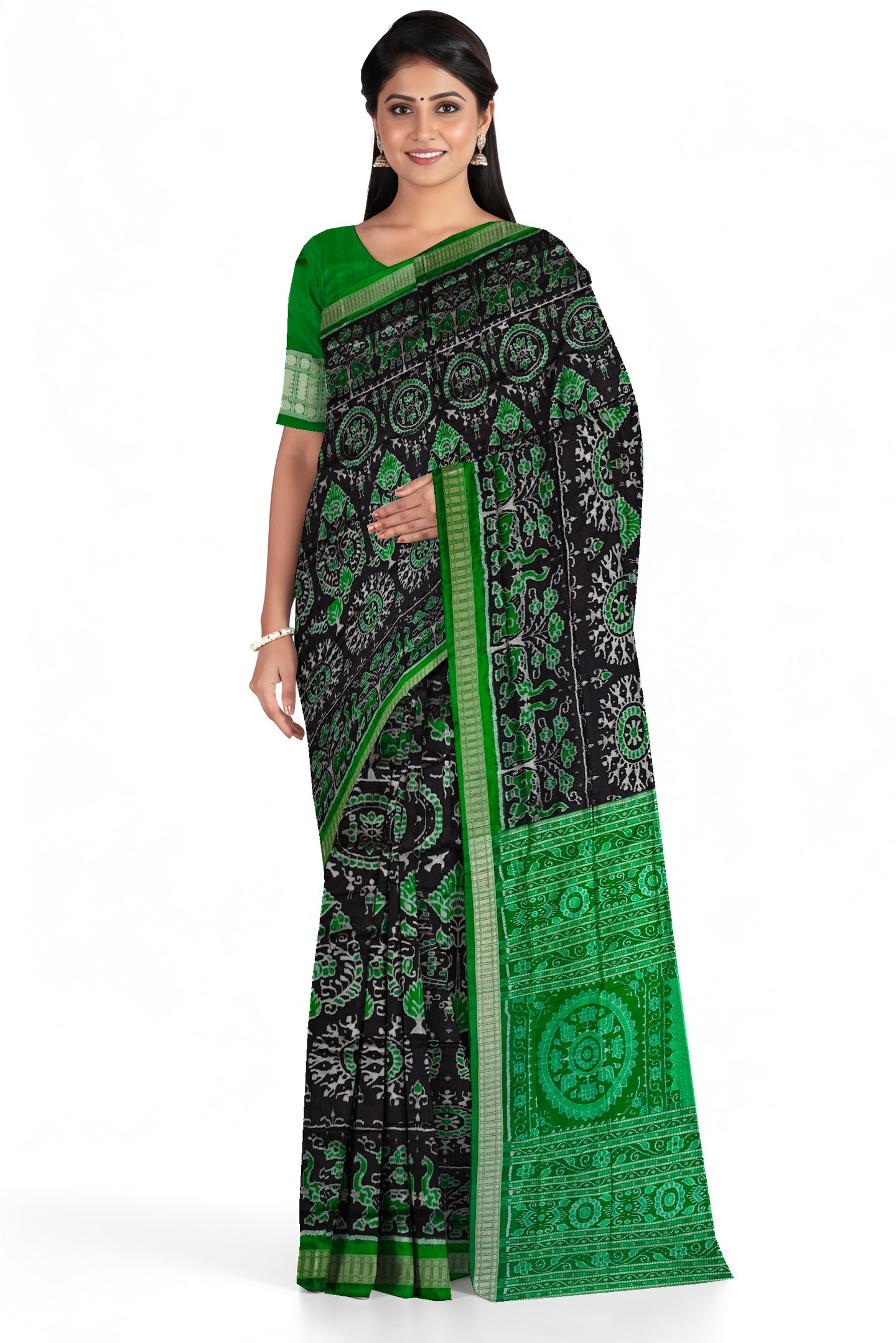 Black & Green Traditional Body Bandha Saree | Odisha Handloom GI Tagged | Devnika