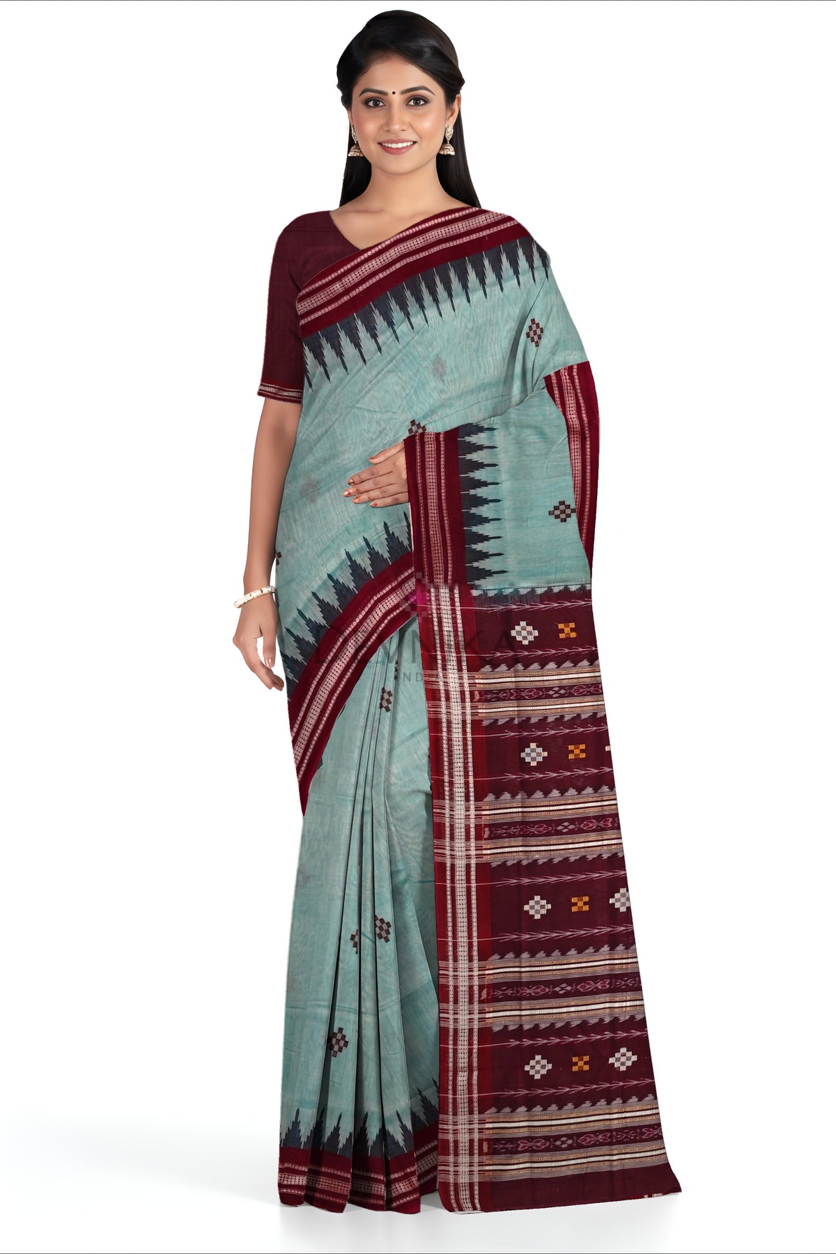 Light Green Temple Boarder Cotton Bapta Saree | Odisha Handloom GI Tagged | Devnika