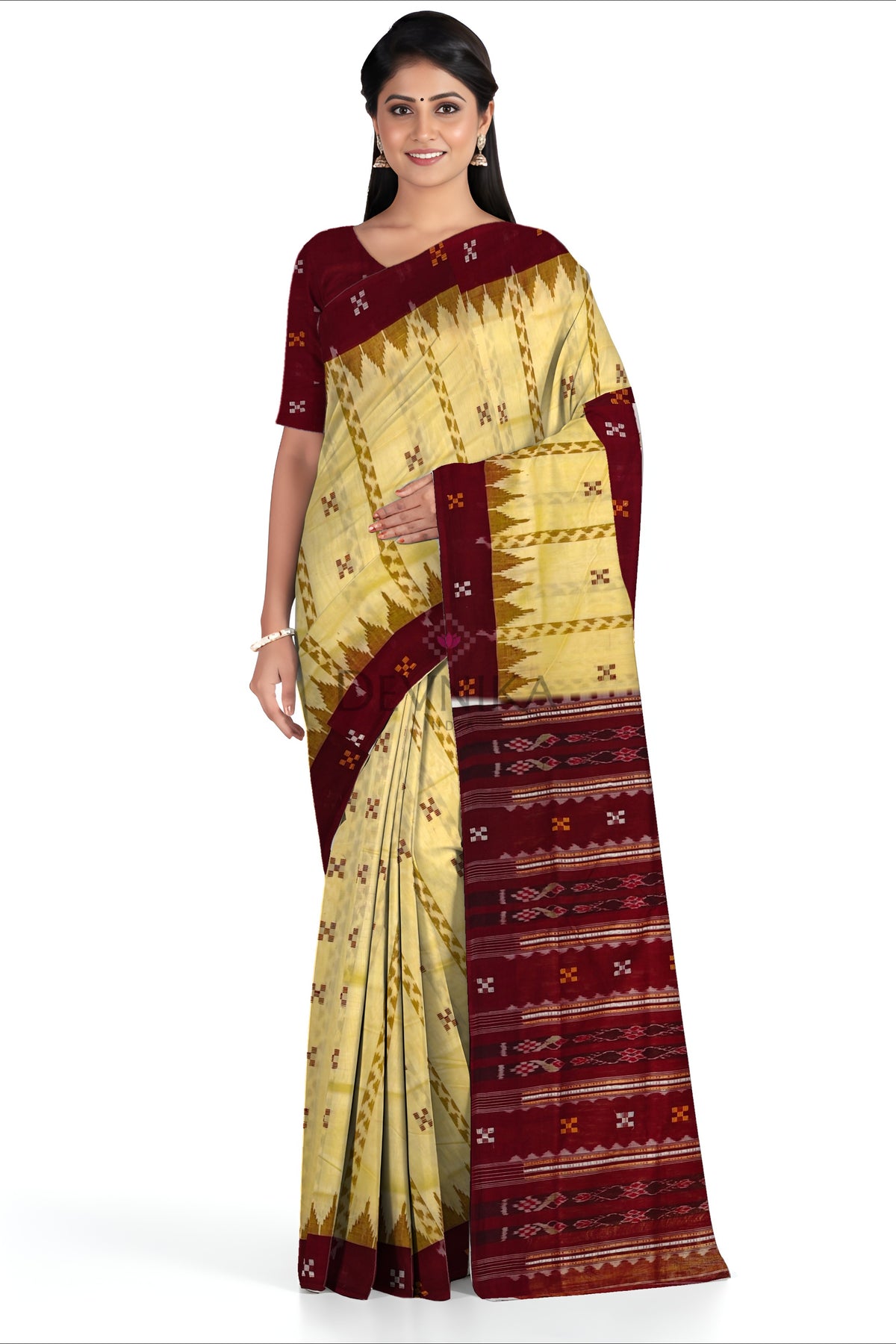 Cream Yellow Boarder Pasapalli Cotton Bapta Saree | Odisha Handloom GI Tagged | Devnika