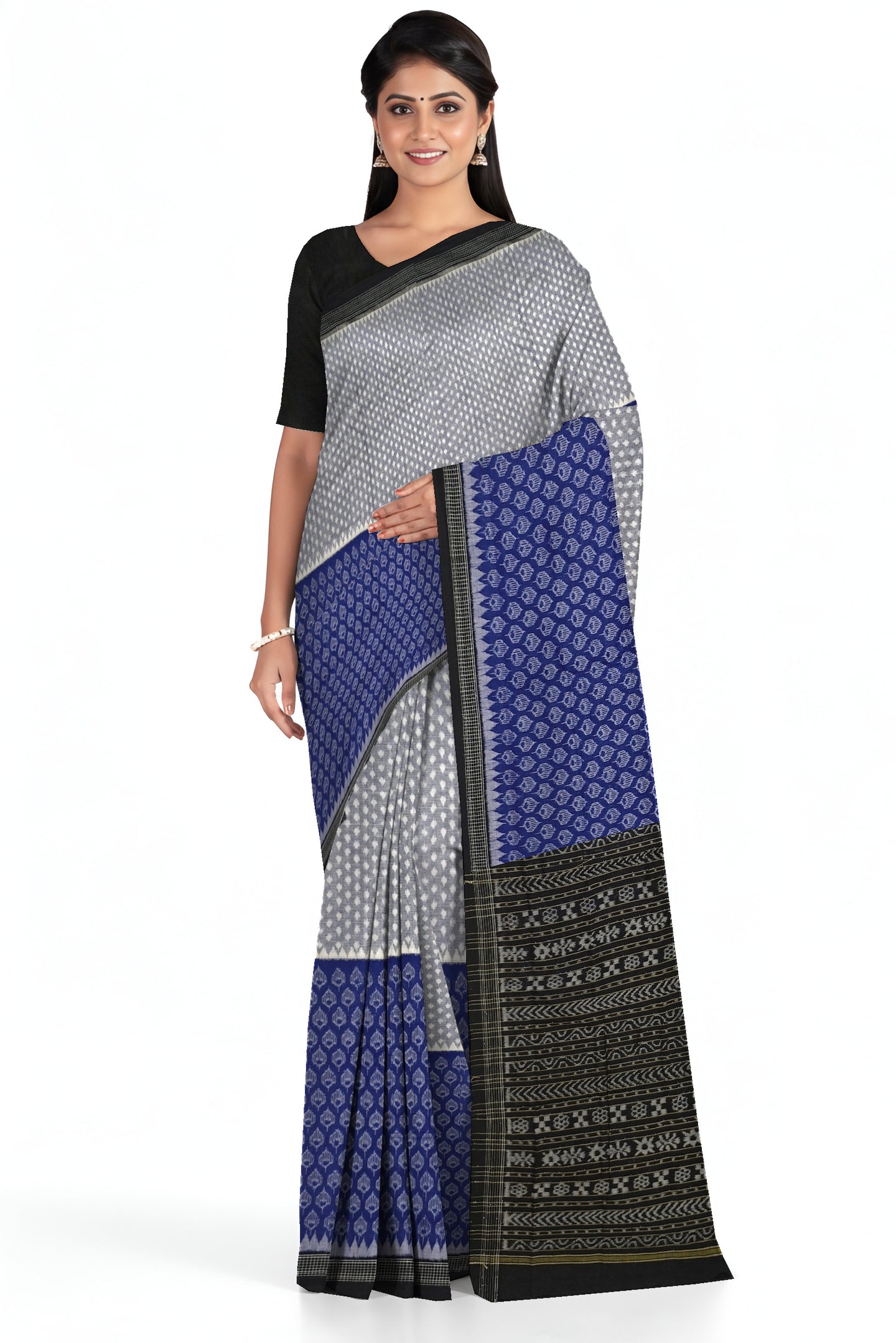White Blue Half Half Body Bandha Saree