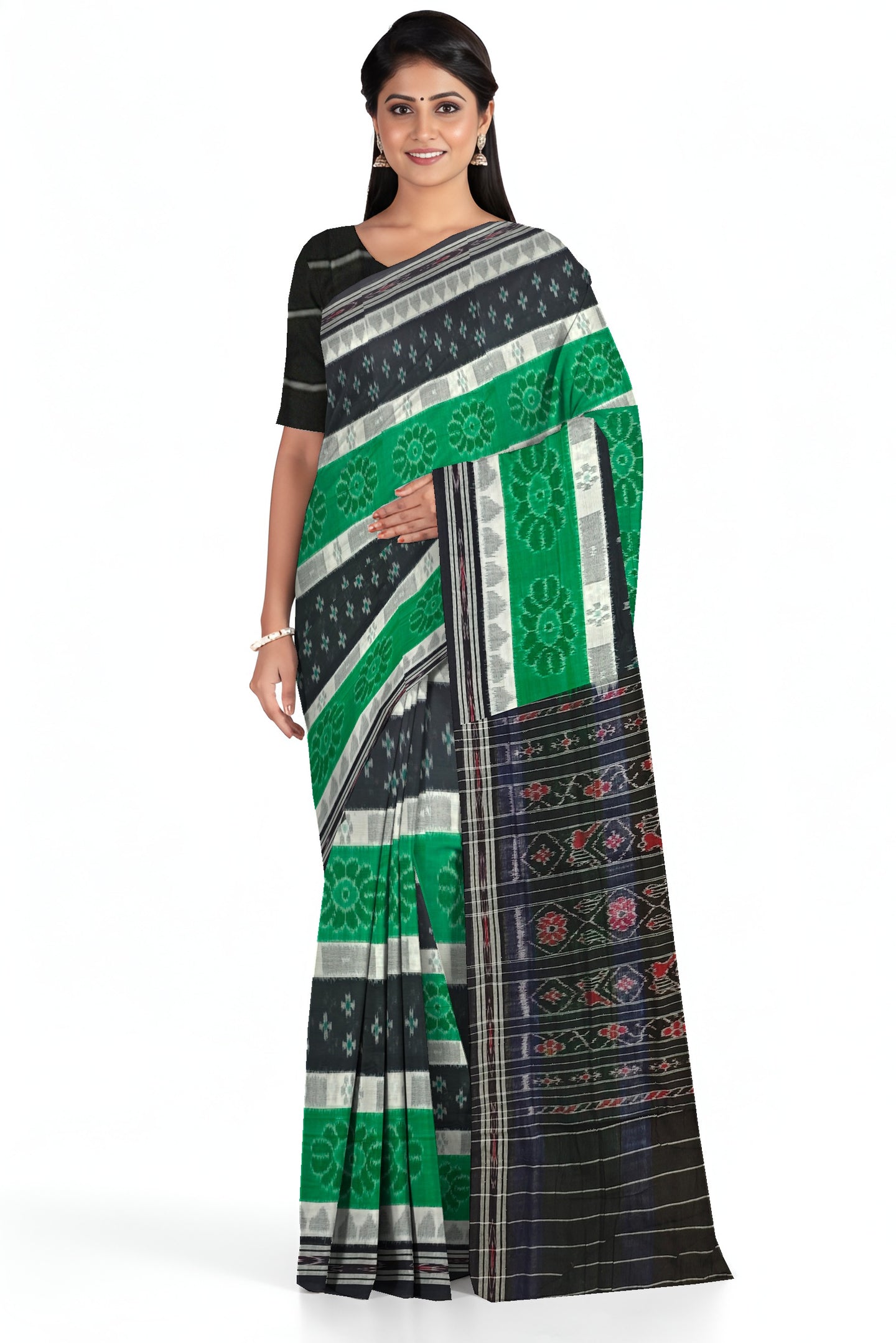 Black Green And White Mania Bandha Traditional Katiki Saree | Odisha Handloom GI Tagged | Devnika