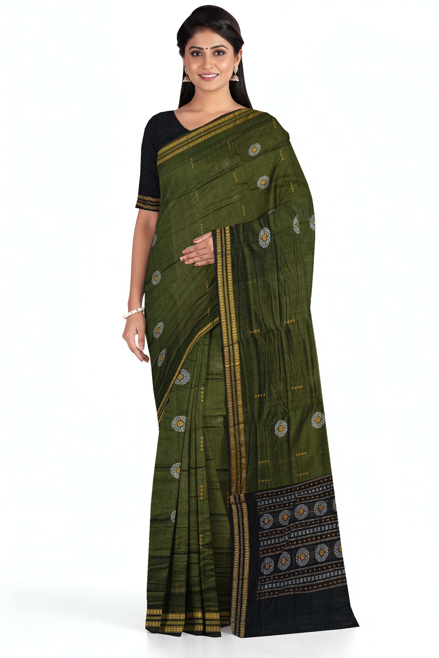 Olive Green Bomkai Butti Sambalapuri Saree | Odisha Handloom GI Tagged | Devnika
