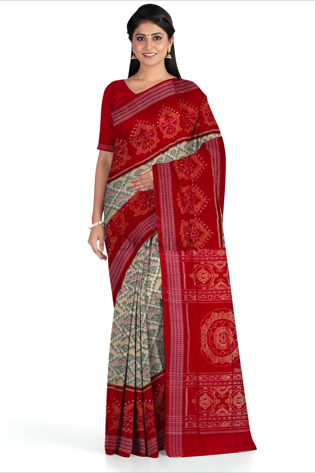 Steel & White Big Border Bandha Saree | Odisha Handloom GI Tagged | Devnika