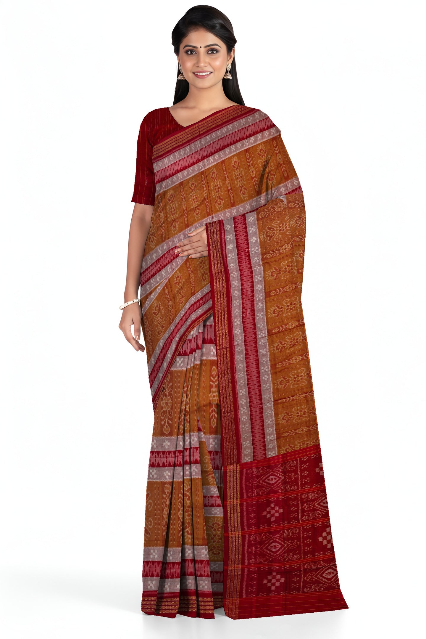 Brown White Mania Bandha Traditional Katiki Saree | Odisha Handloom GI Tagged | Devnika