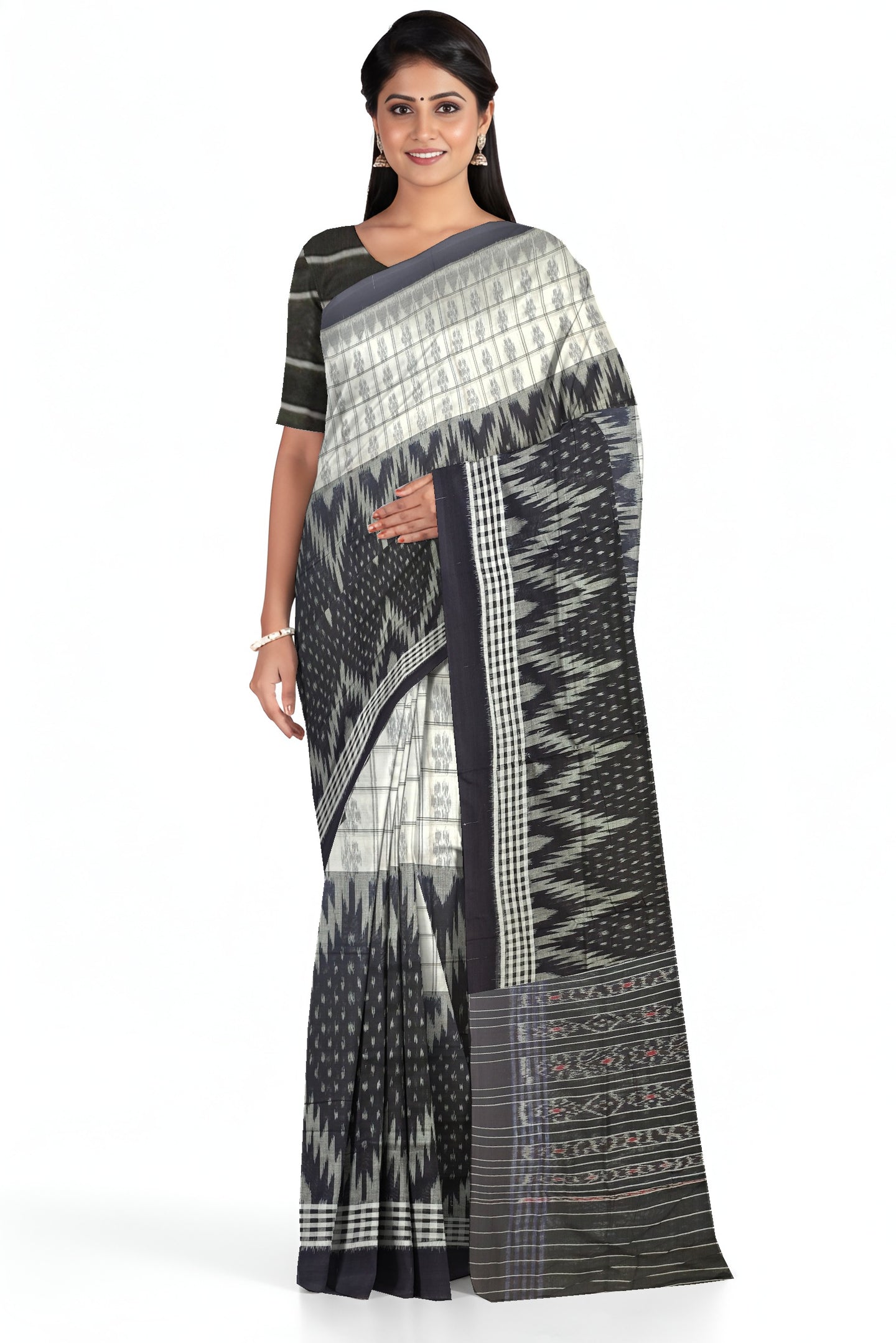 Black And White Mania Bandha Traditional Katiki Saree | Odisha Handloom GI Tagged | Devnika