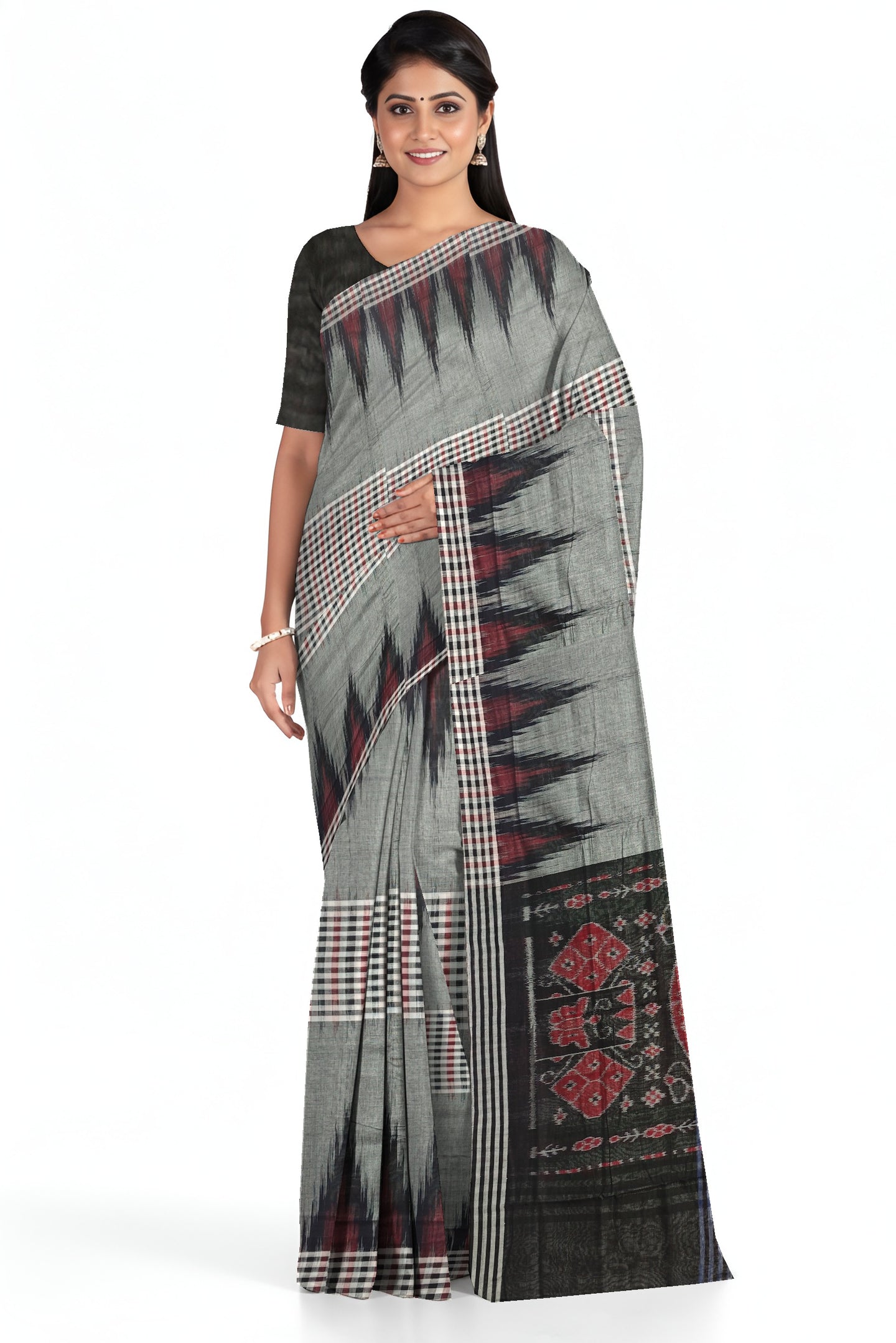 Grey Black Maroon Mania Bandha Traditional Katiki Saree | Odisha Handloom GI Tagged | Devnika