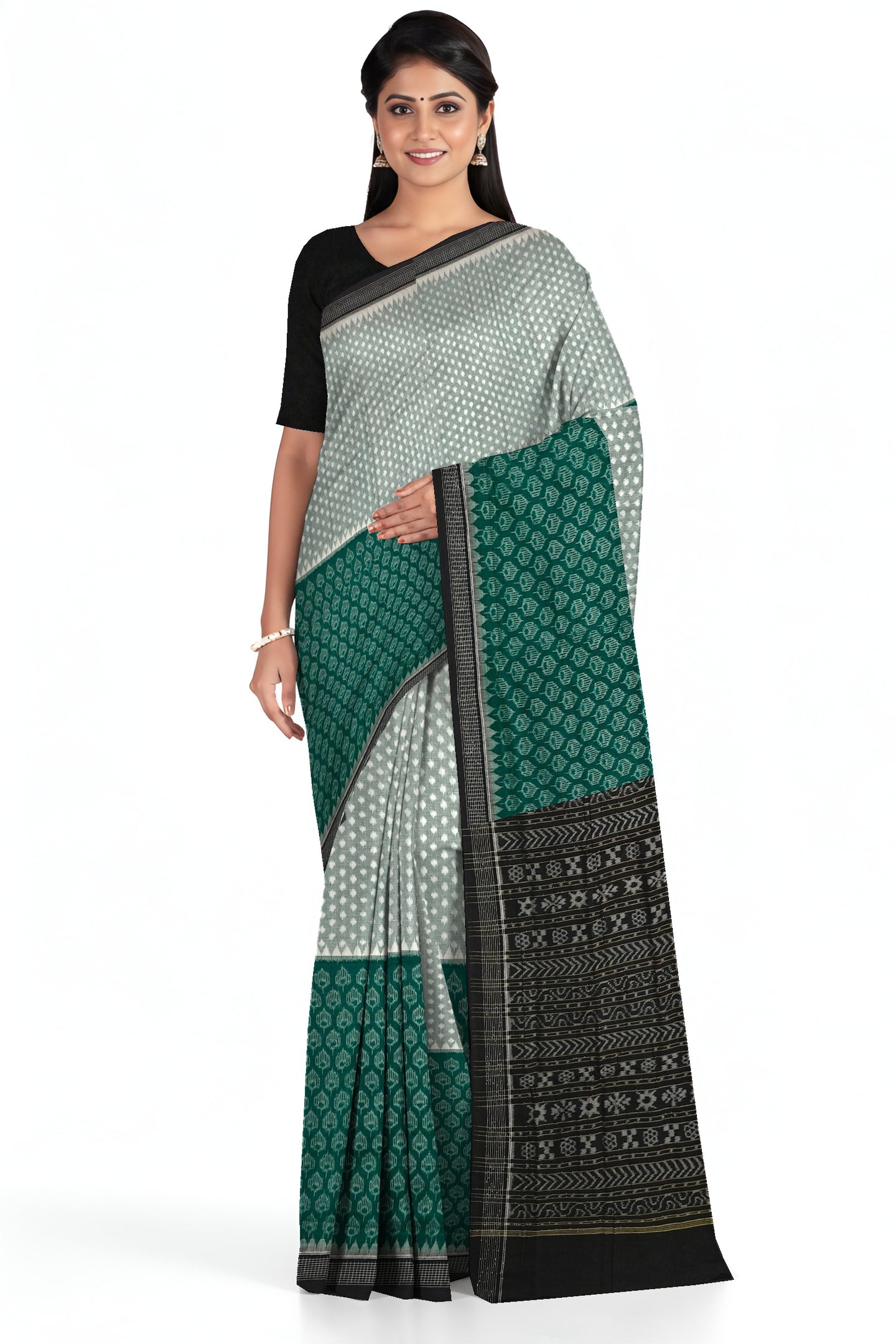 Green White Half Half Body Bandha Saree