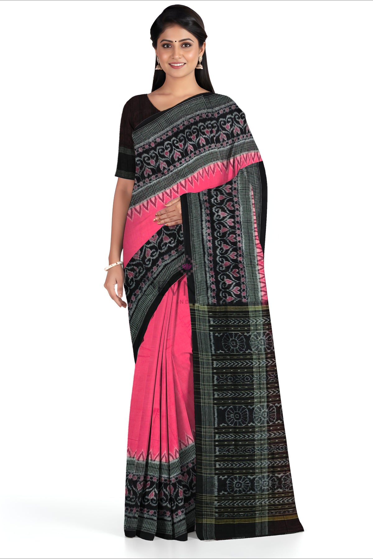 Pink Temple Border Bandha Saree | Odisha Handloom GI Tagged | Devnika