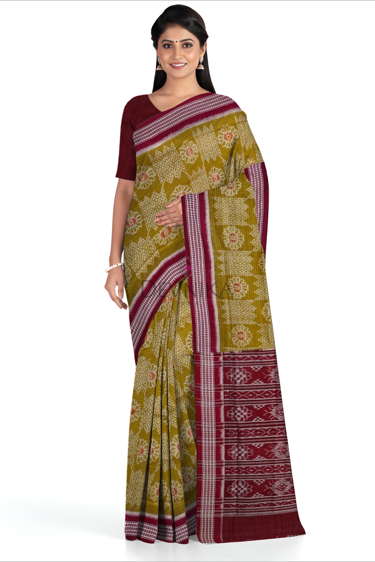 Olive Green Body Bandha Saree | Odisha Handloom GI Tagged | Devnika