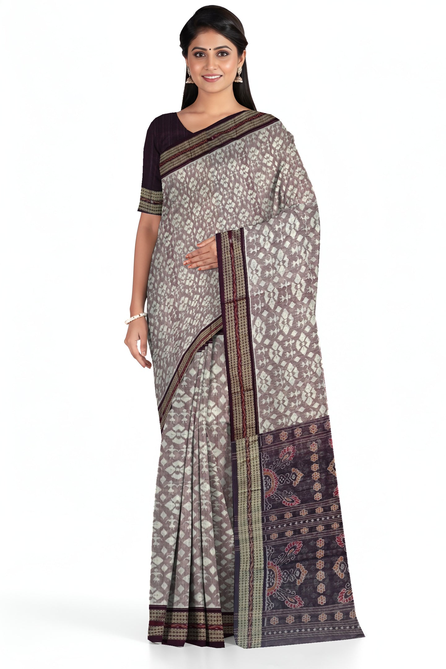 White & Coffee Traditional Body Bandha Saree | Odisha Handloom GI Tagged | Devnika