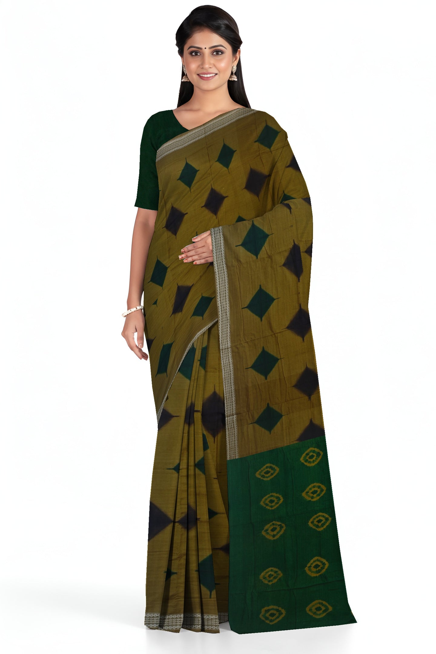 Deep Olive  Sambalapuri Bandhini Saree | Odisha Handloom GI Tagged | Devnika