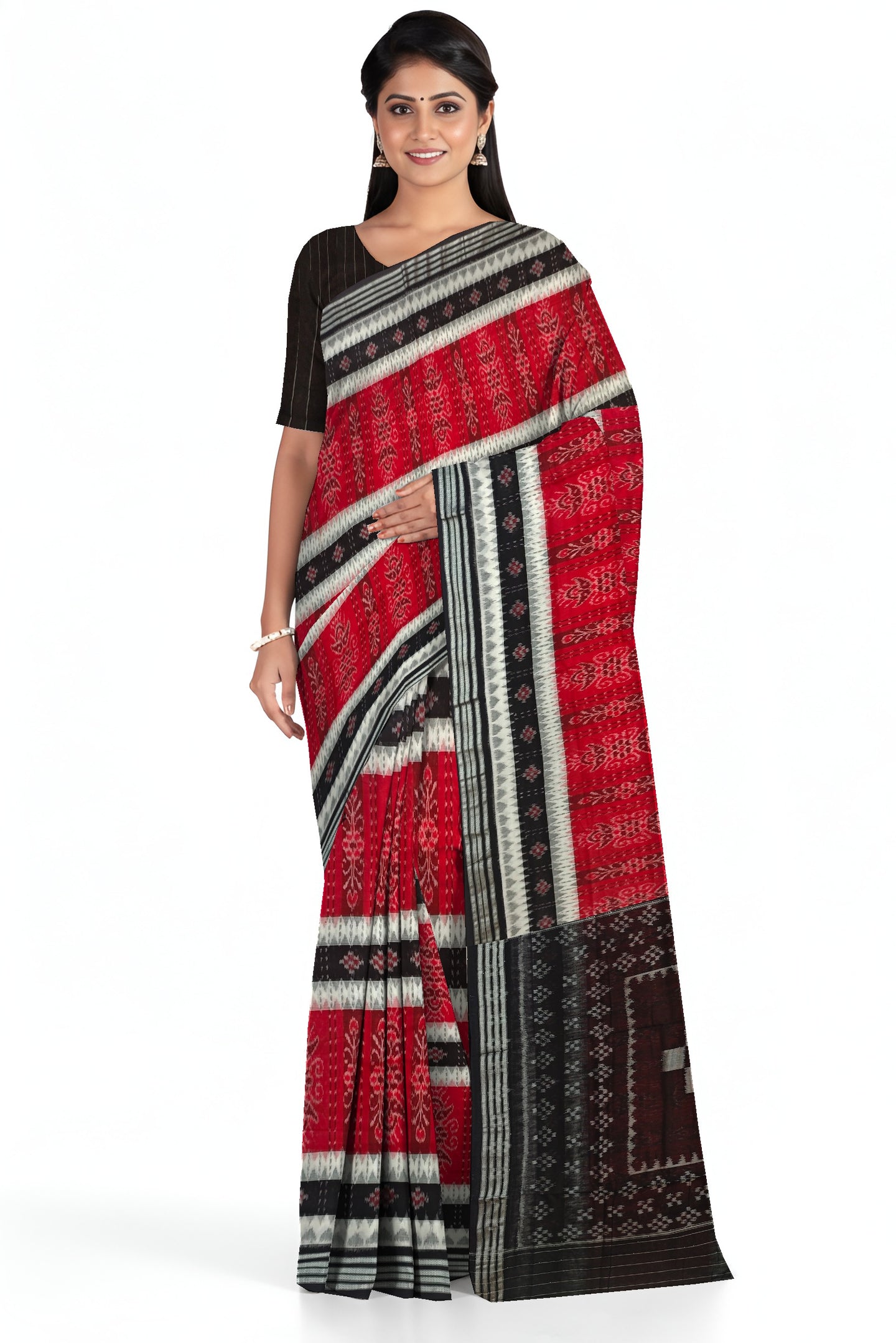 Red And White Mania Bandha Traditional Katiki Saree | Odisha Handloom GI Tagged | Devnika