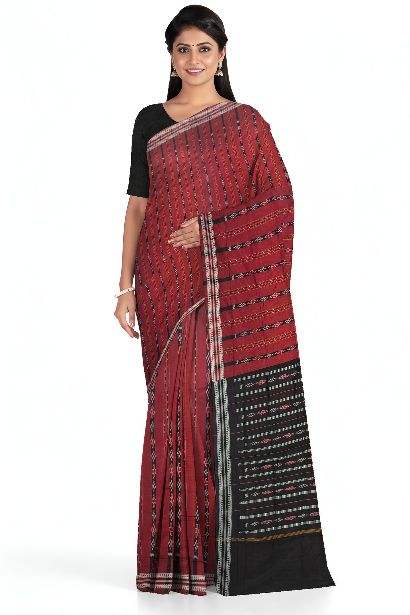 Deep Maroon Line Bandha Saree | Odisha Handloom GI Tagged | Devnika
