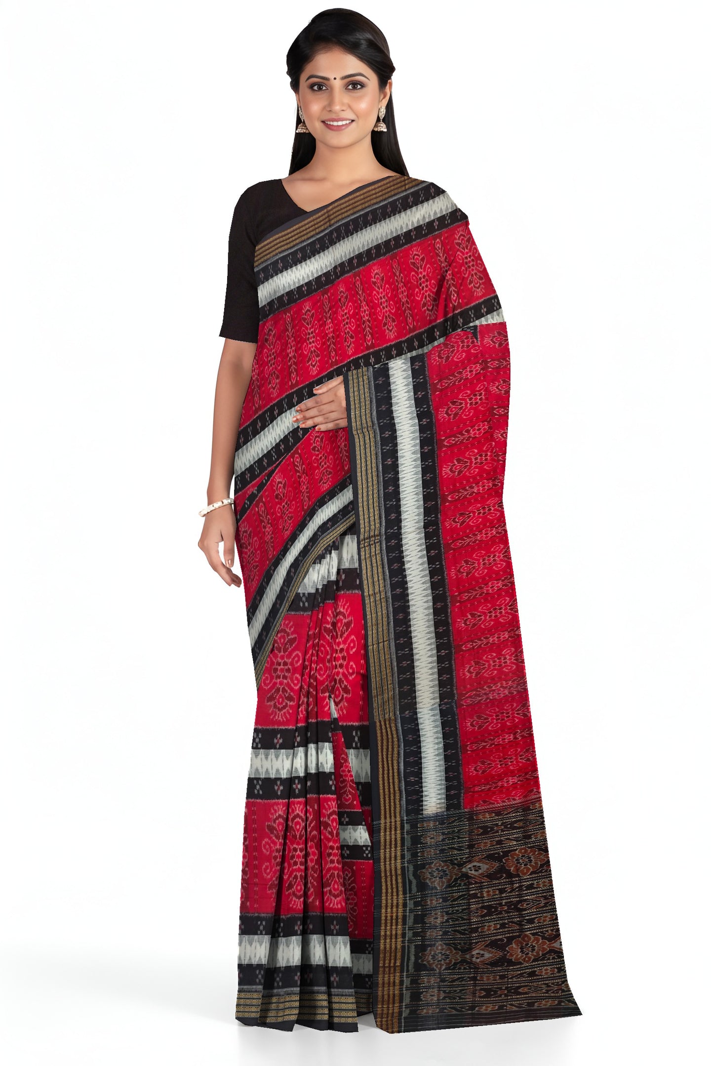 Red And White Mania Bandha Traditional Katiki Saree | Odisha Handloom GI Tagged | Devnika