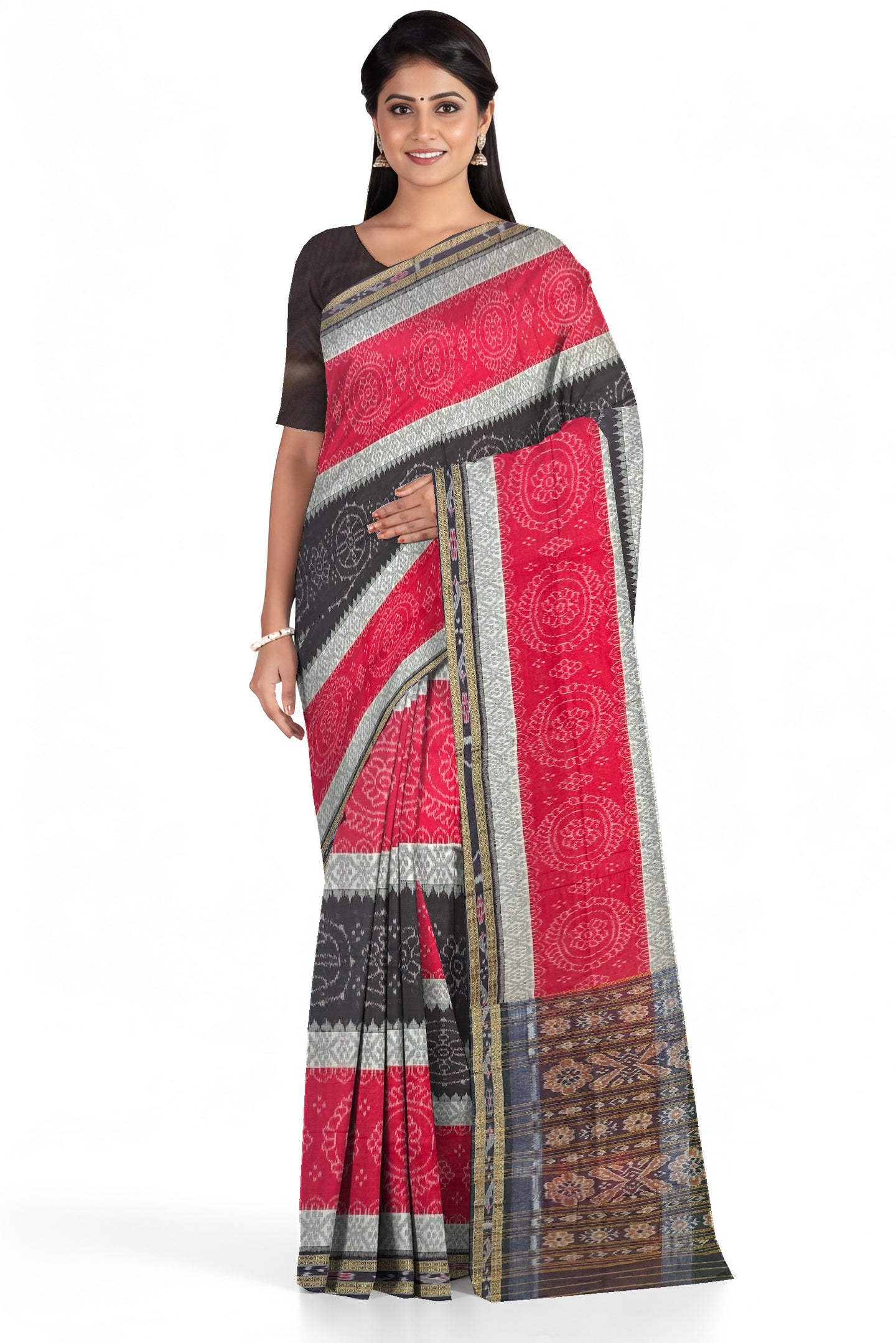 Red And White Mania Bandha Traditional Katiki Saree | Odisha Handloom GI Tagged | Devnika