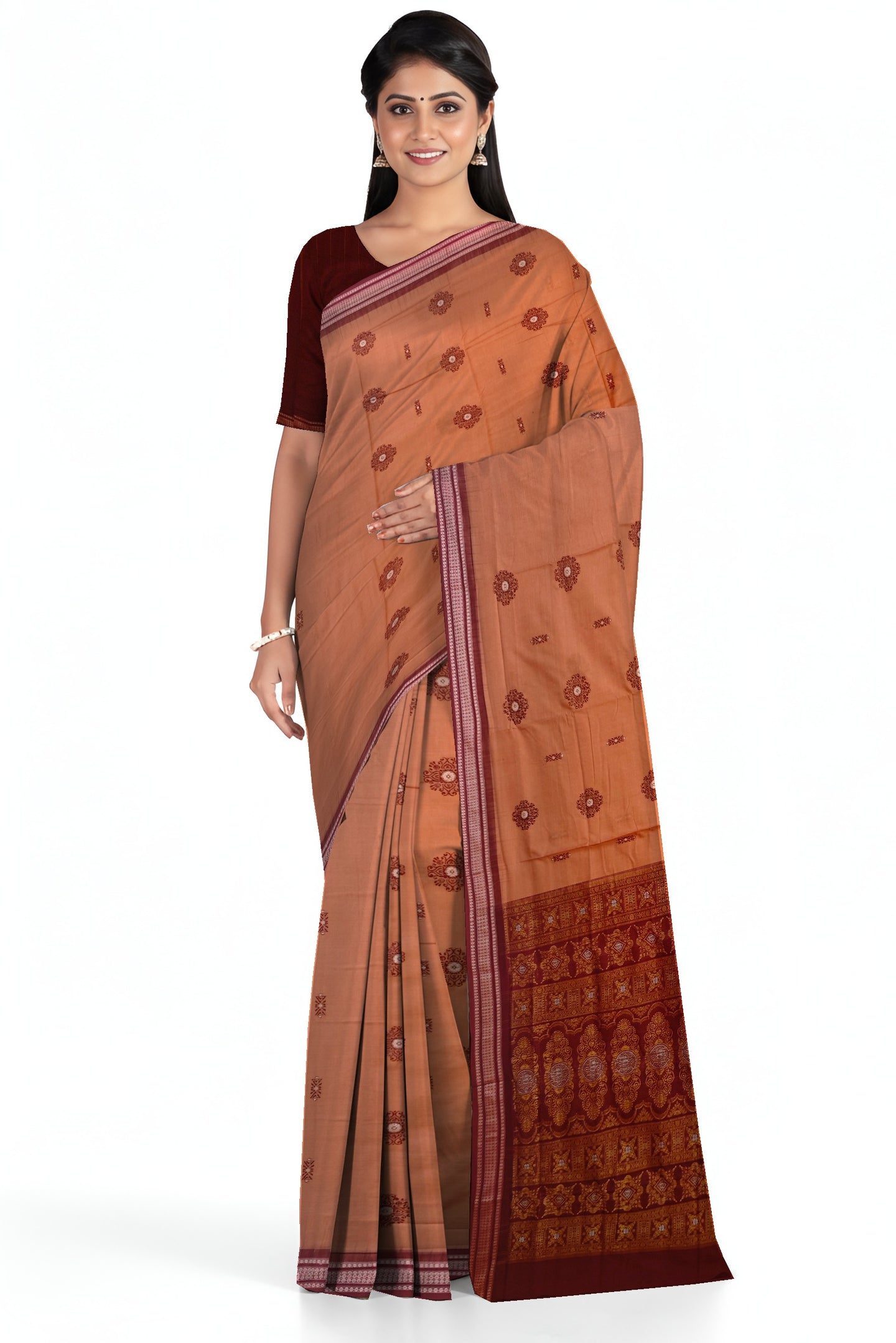 Deep Coral Bomkai Sambalapuri Saree