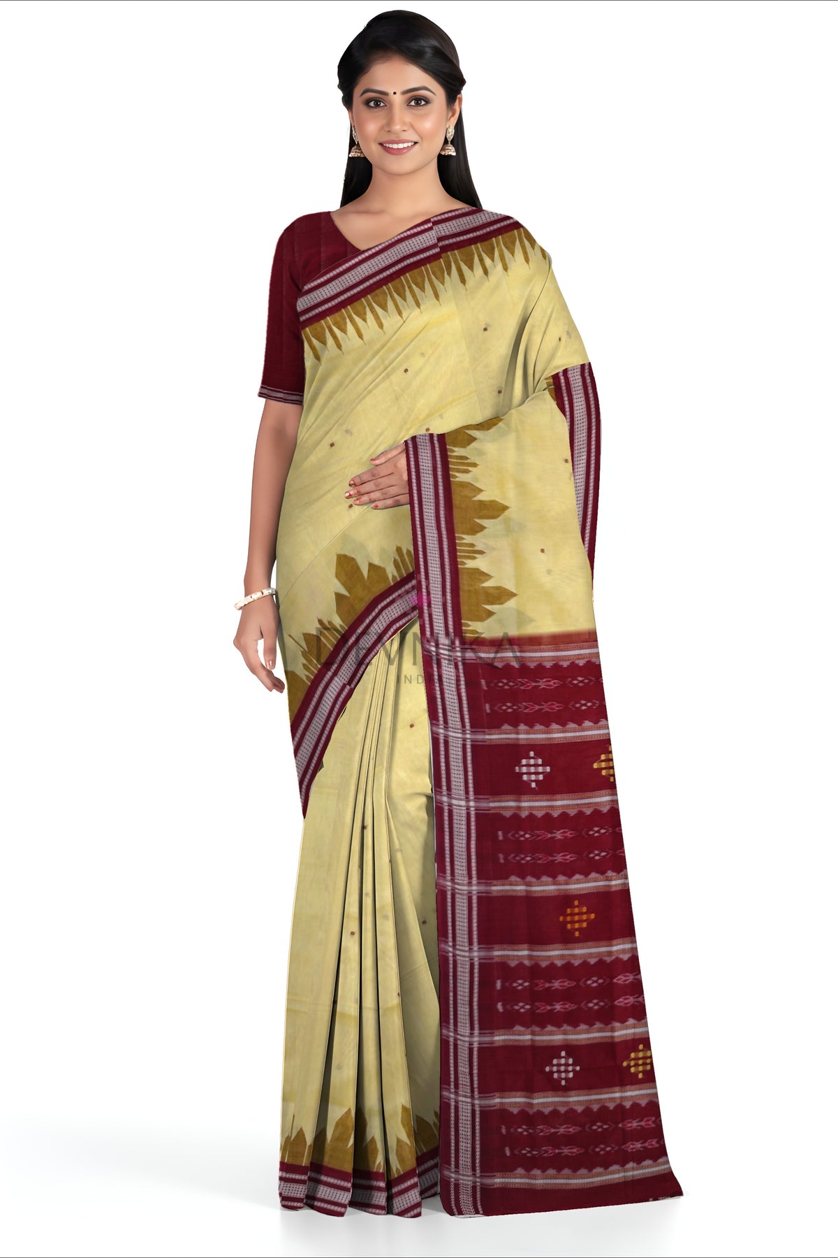 Cream Yellow Temple Boarder Cotton Bapta Saree | Odisha Handloom GI Tagged | Devnika
