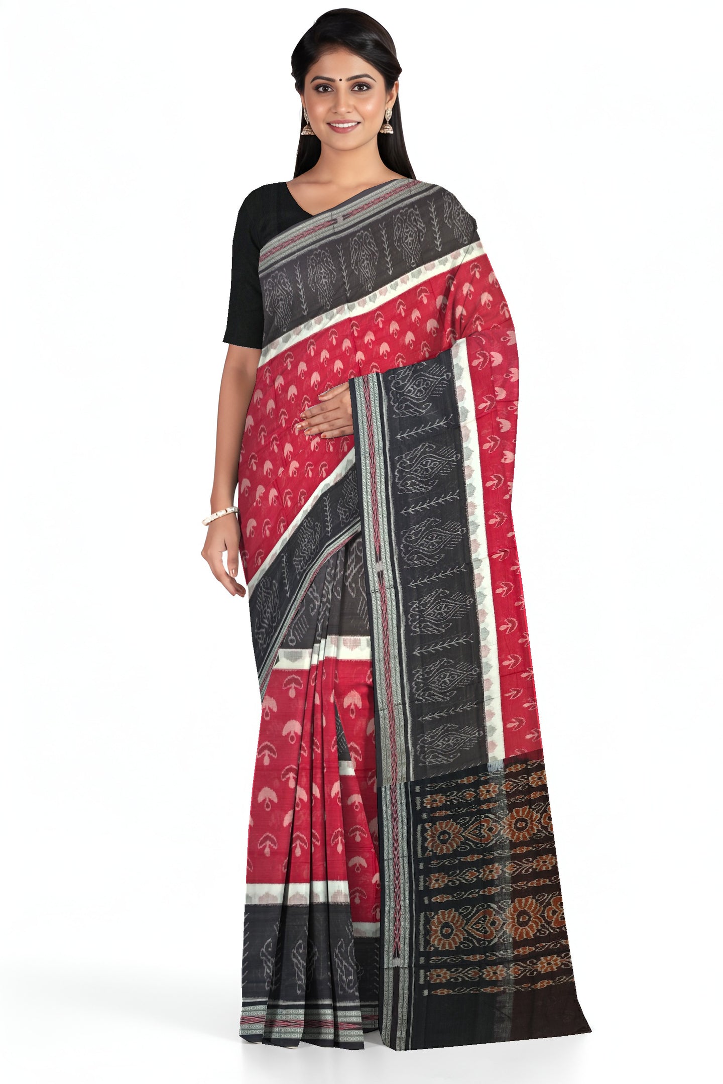 Maroon And White Mania Bandha Traditional Katiki Saree | Odisha Handloom GI Tagged | Devnika