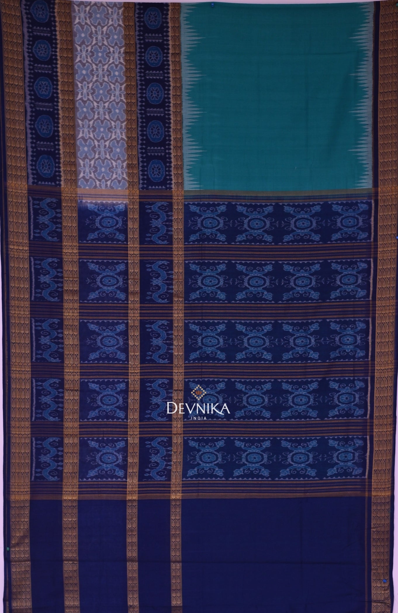 Sea Green Big Border Bandha Handloom Cotton Saree | Odisha Handloom | Devnika