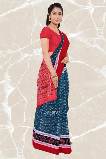 Sea Green Double Border Bandha Handloom Cotton Saree | Odisha Handloom | Devnika