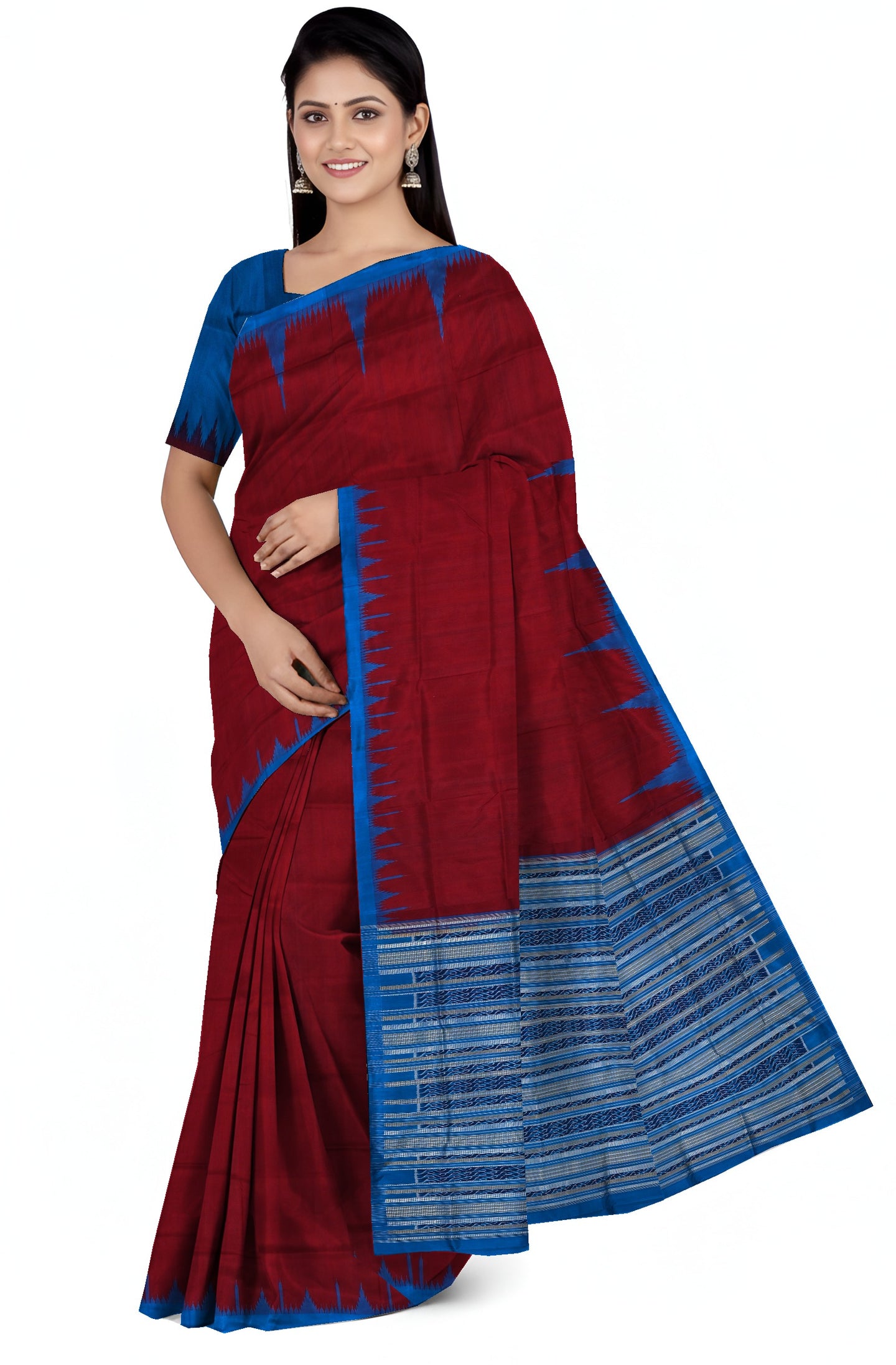 Deep Maroon Big Temple Border Sambalpuri  Saree | Odisha Handloom GI Tagged | Devnika