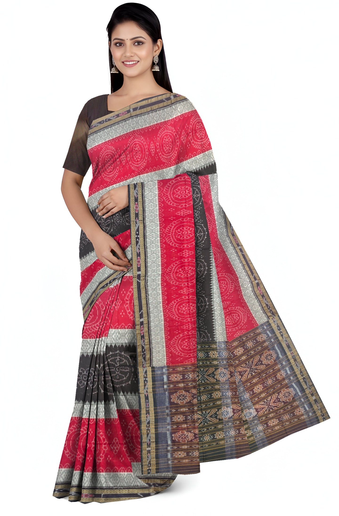 Red And White Mania Bandha Traditional Katiki Saree | Odisha Handloom GI Tagged | Devnika