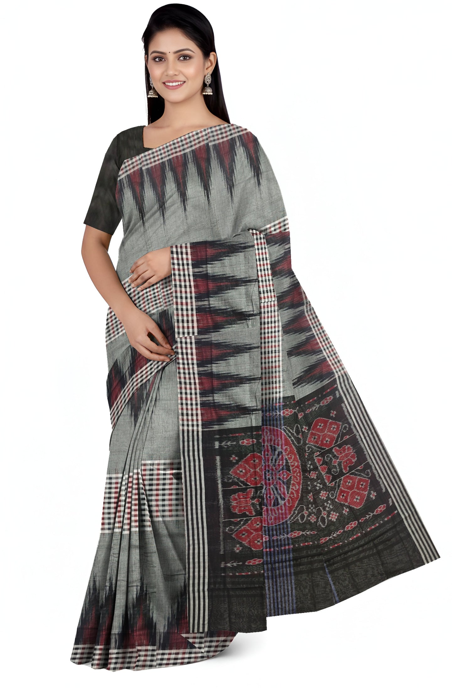 Grey Black Maroon Mania Bandha Traditional Katiki Saree | Odisha Handloom GI Tagged | Devnika