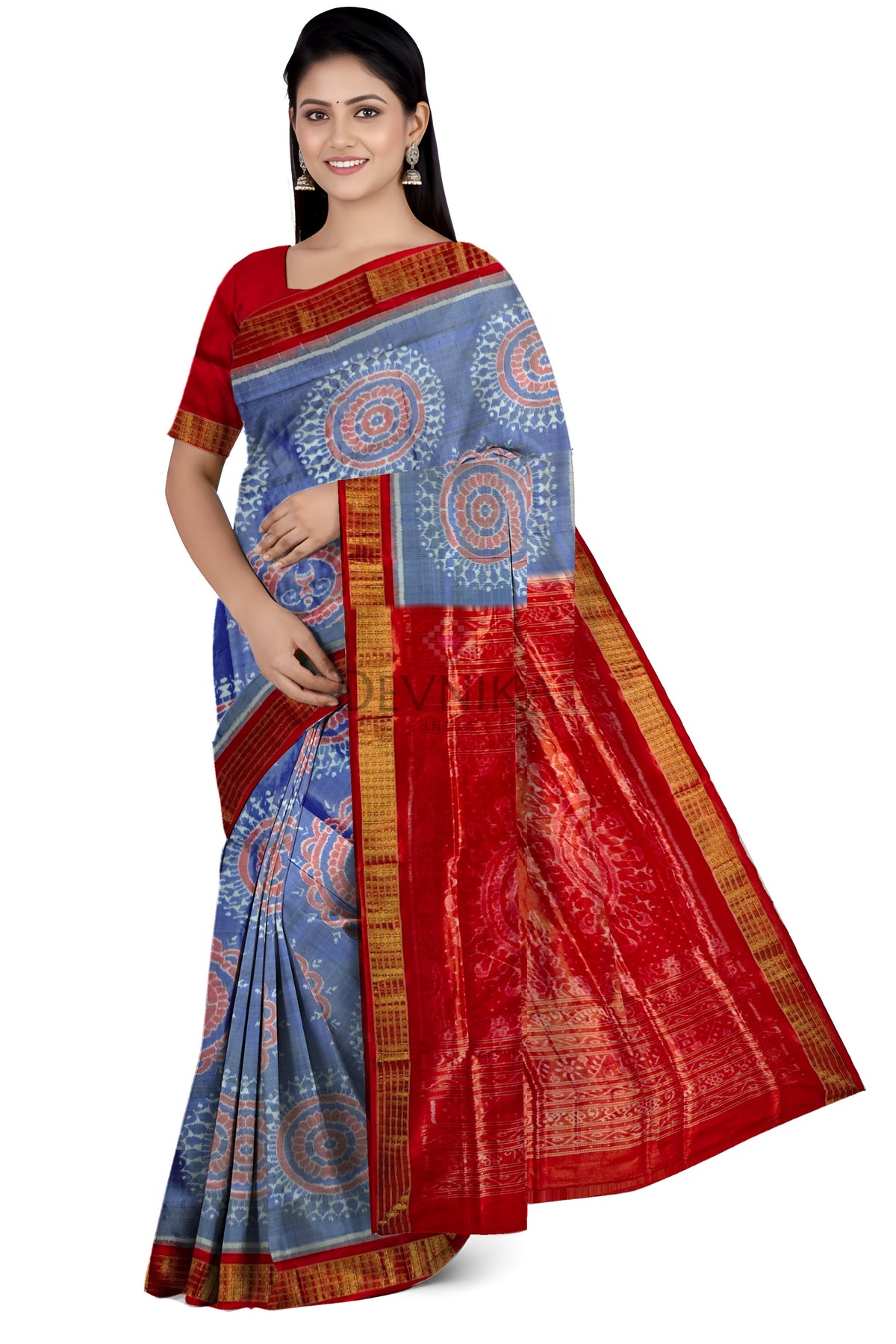 Periwinkle Blue Body Bandha Half Tissue Pata Saree | Odisha Handloom GI Tagged | Devnika