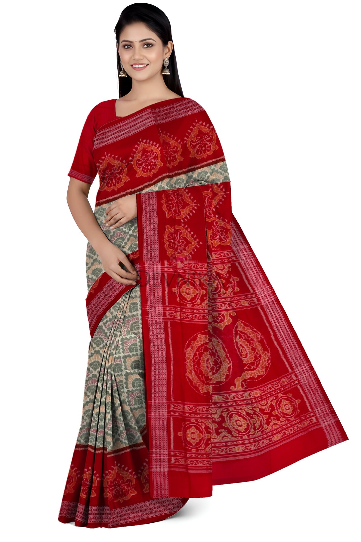 Steel & White Big Border Bandha Saree | Odisha Handloom GI Tagged | Devnika