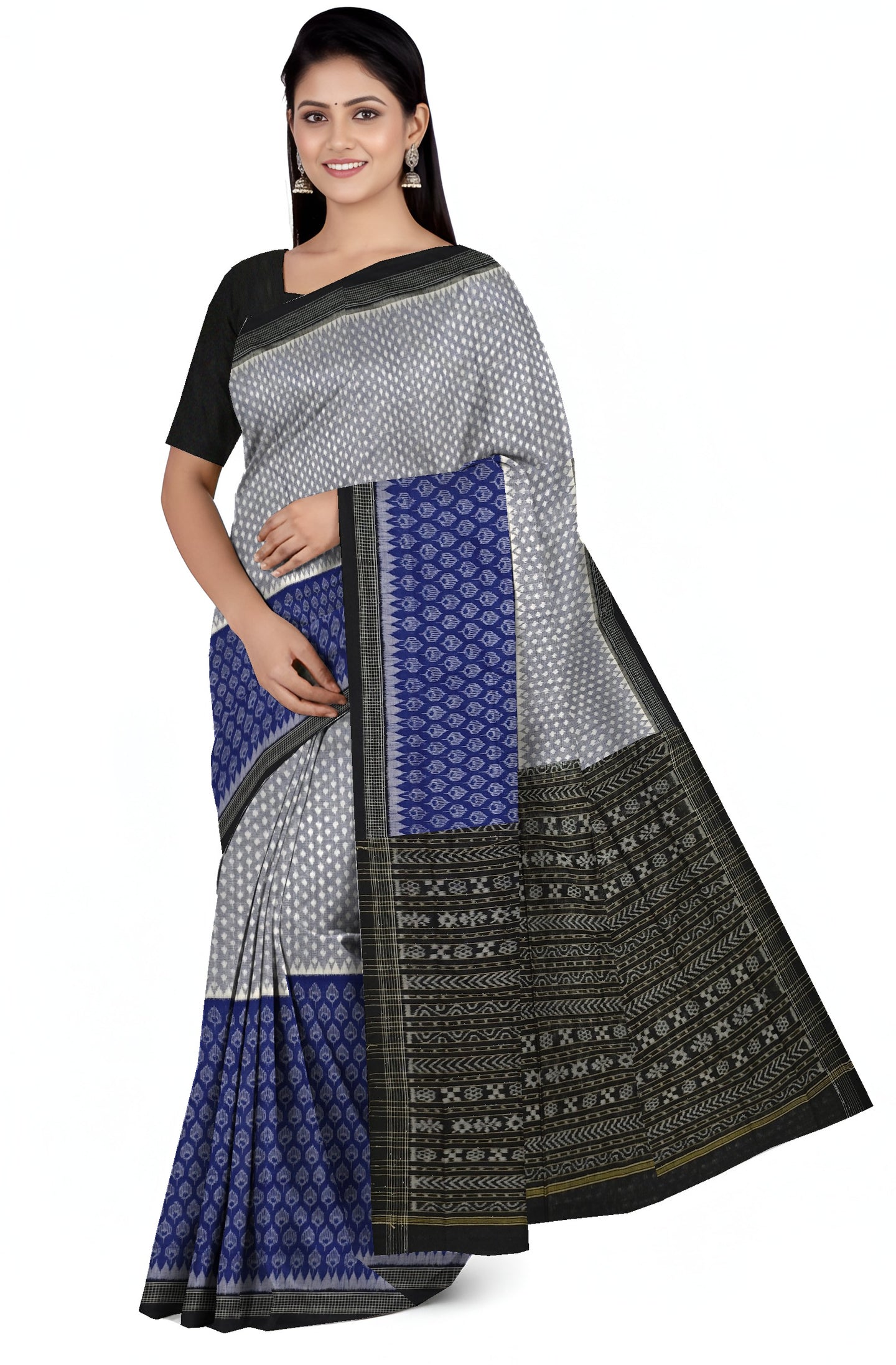 White Blue Half Half Body Bandha Saree