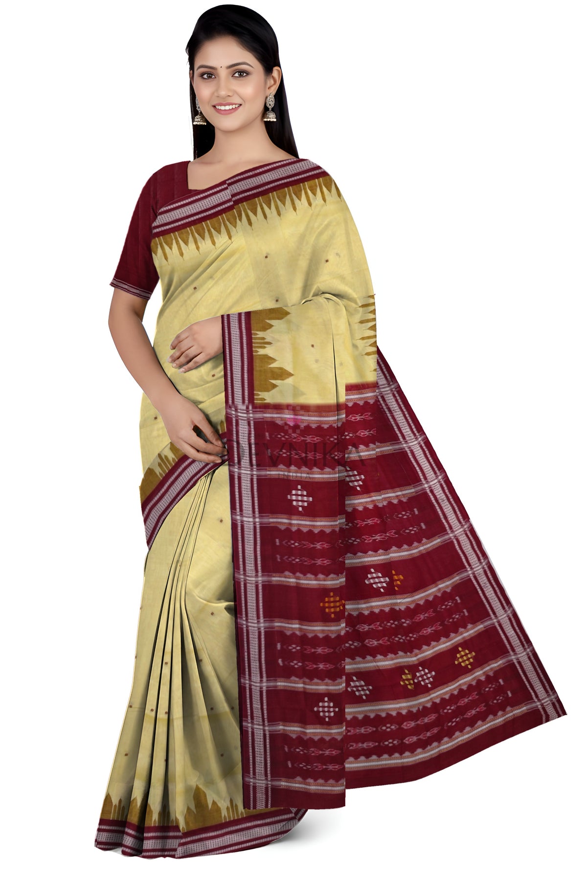 Cream Yellow Temple Boarder Cotton Bapta Saree | Odisha Handloom GI Tagged | Devnika