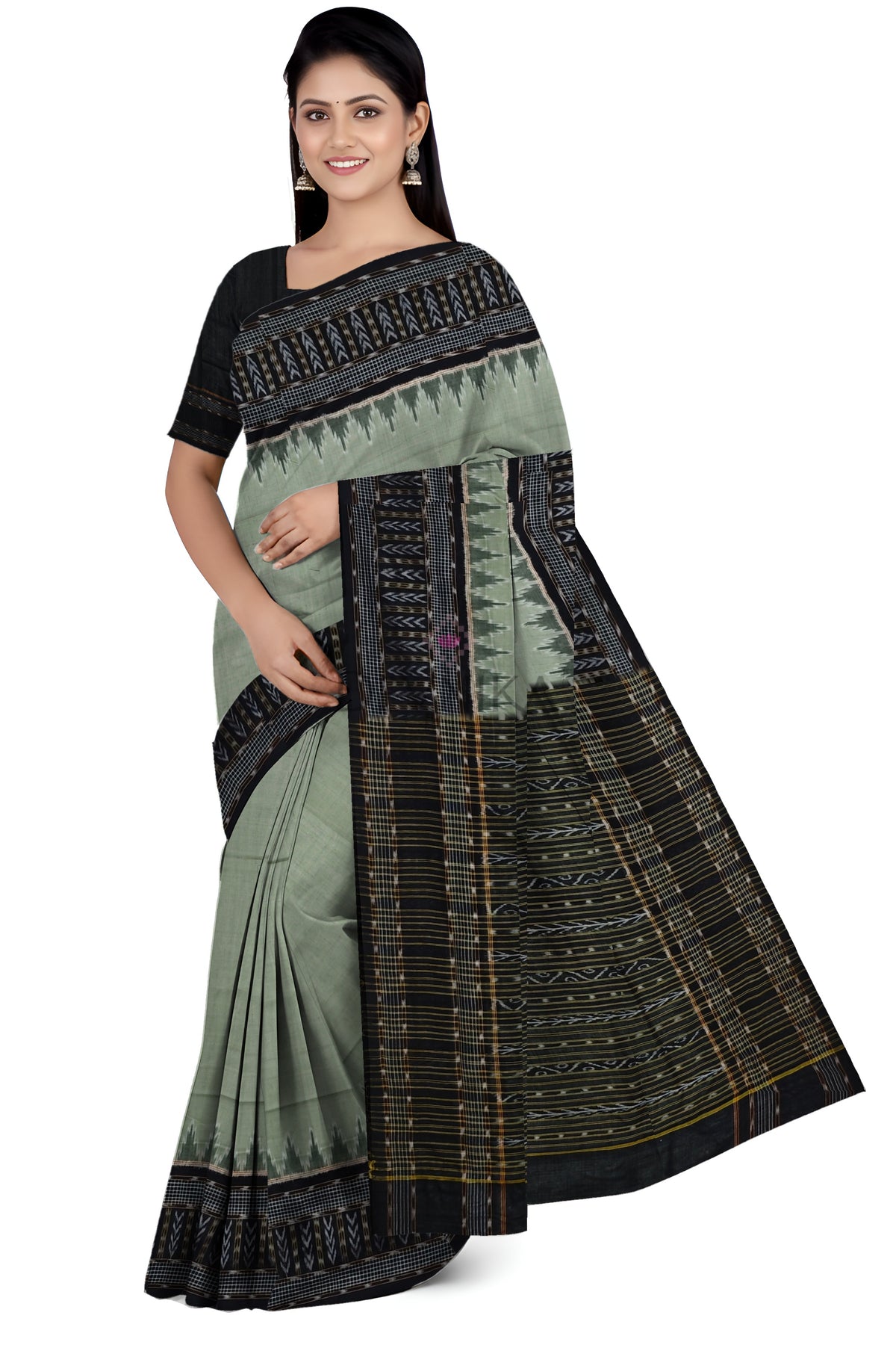 Pista Green Temple Border Bandha Saree | Odisha Handloom GI Tagged | Devnika